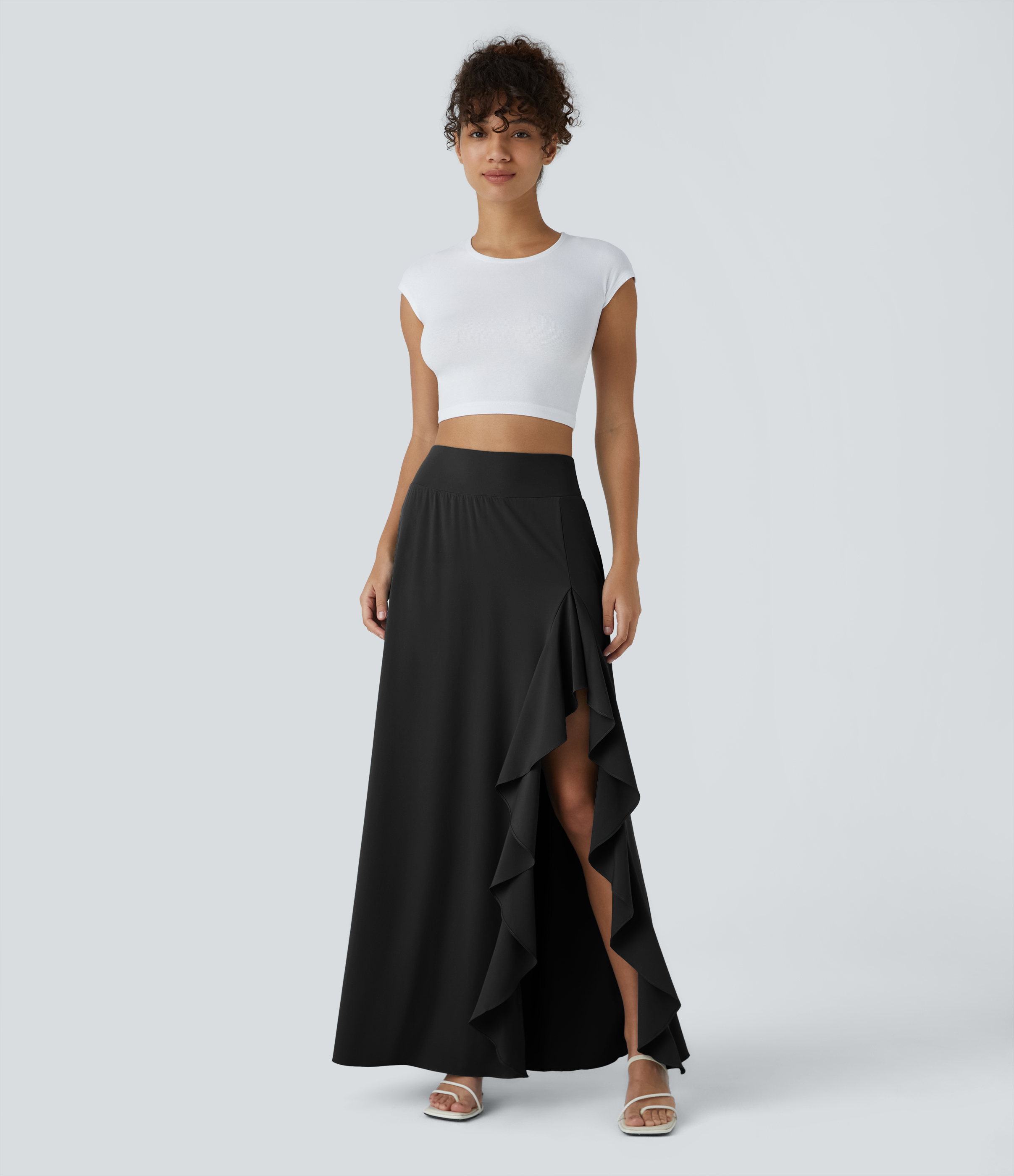 Halara Breezefulв„ў High Waisted Asymmetric Ruffle Trim Split Hem 2-in-1 Maxi Quick Dry Casual Skirt  - Black - XL(regular) 