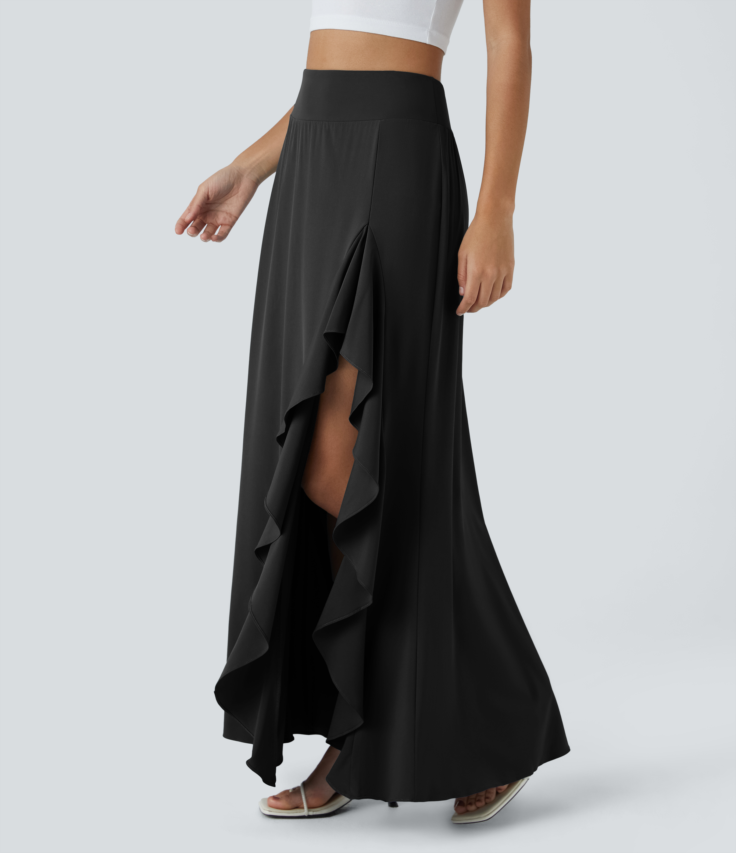 Halara Breezefulв„ў High Waisted Asymmetric Ruffle Trim Split Hem 2-in-1 Maxi Quick Dry Casual Skirt  - Black - XL(regular) 