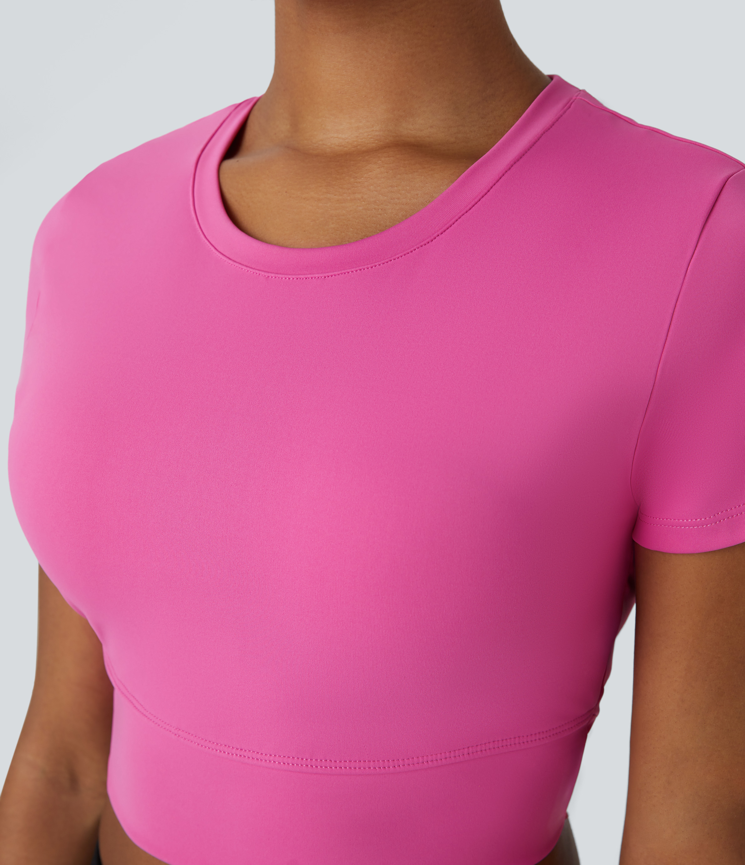 Halara Crew Neck Short Sleeve Backless Quick Dry Cropped Tennis Sports Top  - Gorgeous Powder Pink - M 