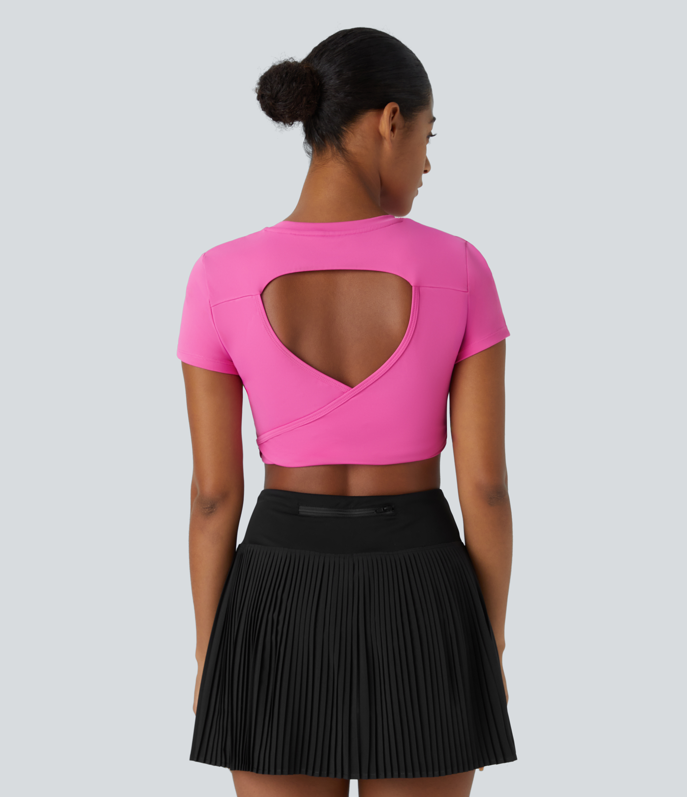 Halara Crew Neck Short Sleeve Backless Quick Dry Cropped Tennis Sports Top  - Gorgeous Powder Pink - M 