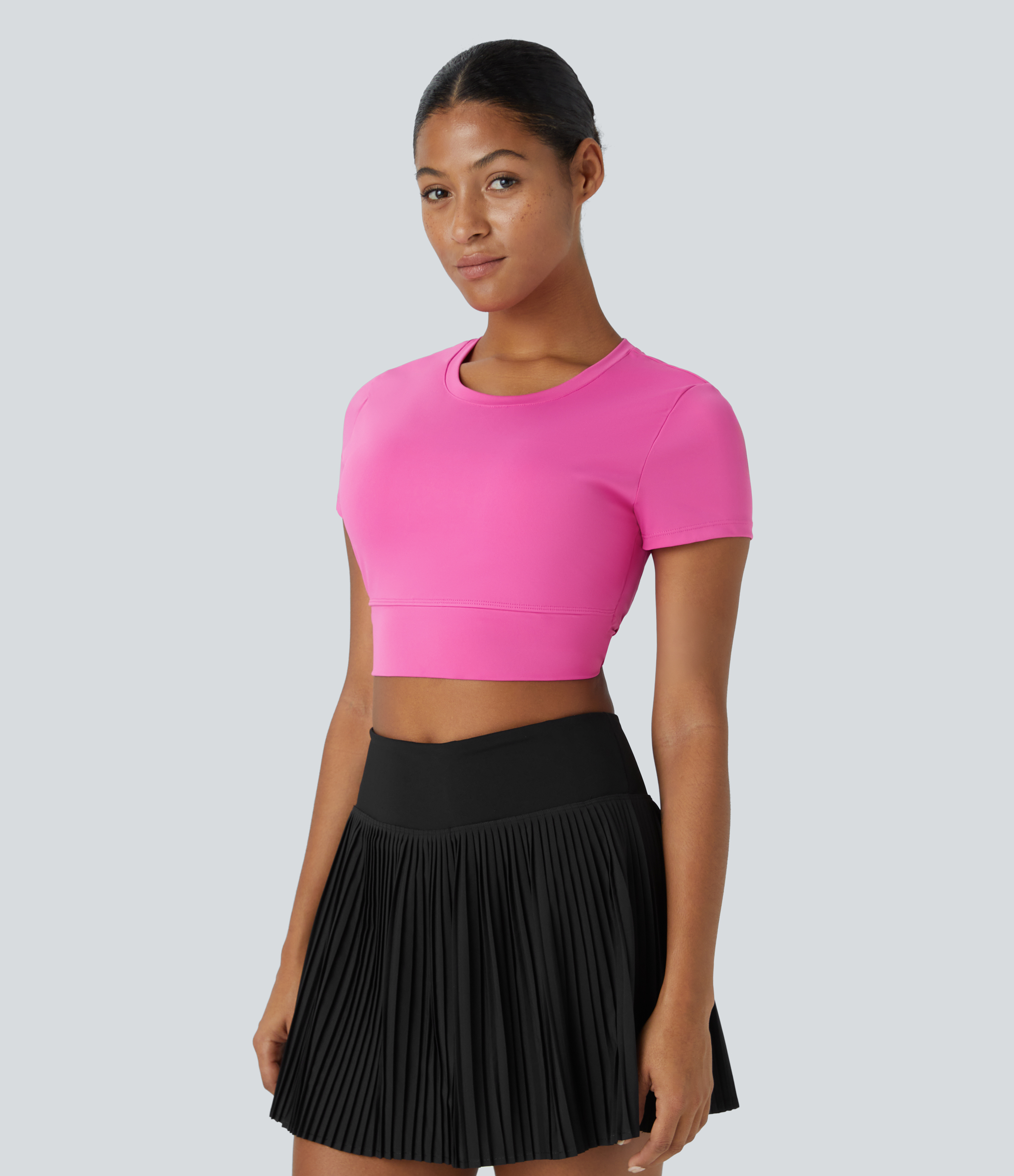 Halara Crew Neck Short Sleeve Backless Quick Dry Cropped Tennis Sports Top  - Gorgeous Powder Pink - M 