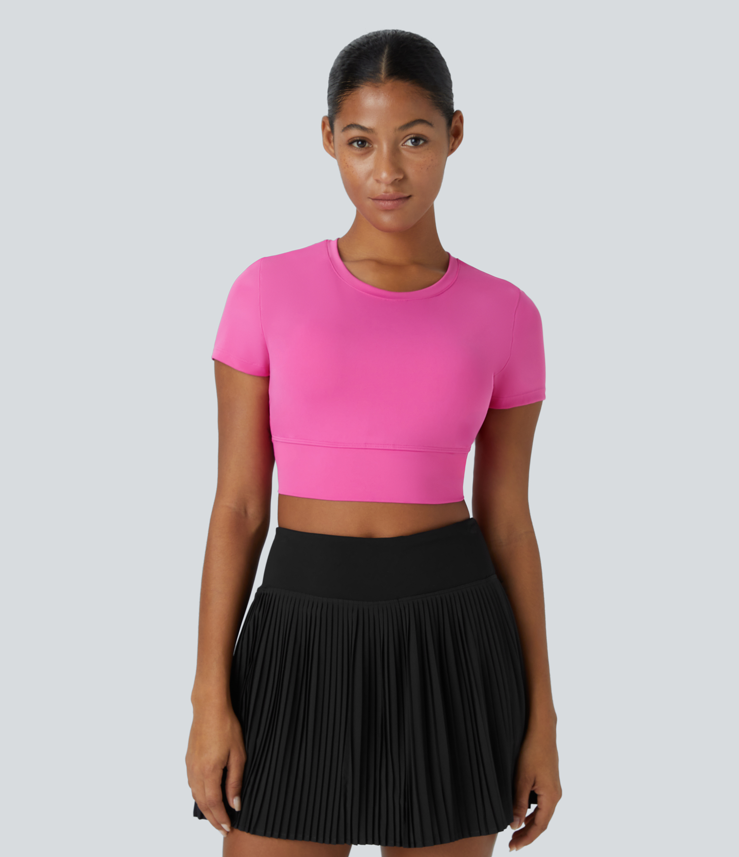 Halara Crew Neck Short Sleeve Backless Quick Dry Cropped Tennis Sports Top  - Gorgeous Powder Pink - M 