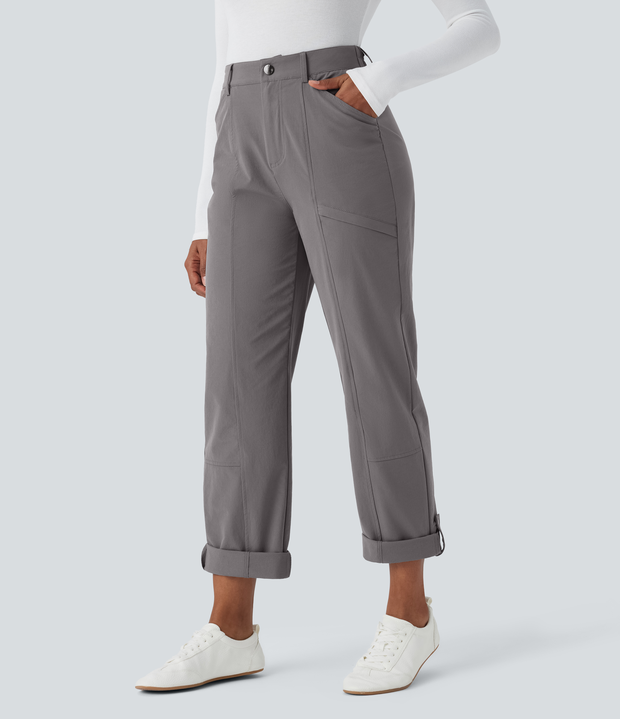 Halara High Waisted Side Pocket Adjustable Snap Button Roll-up Legs Work Pants  - Storm Front - XL(regular) sweatpants jogger pants 