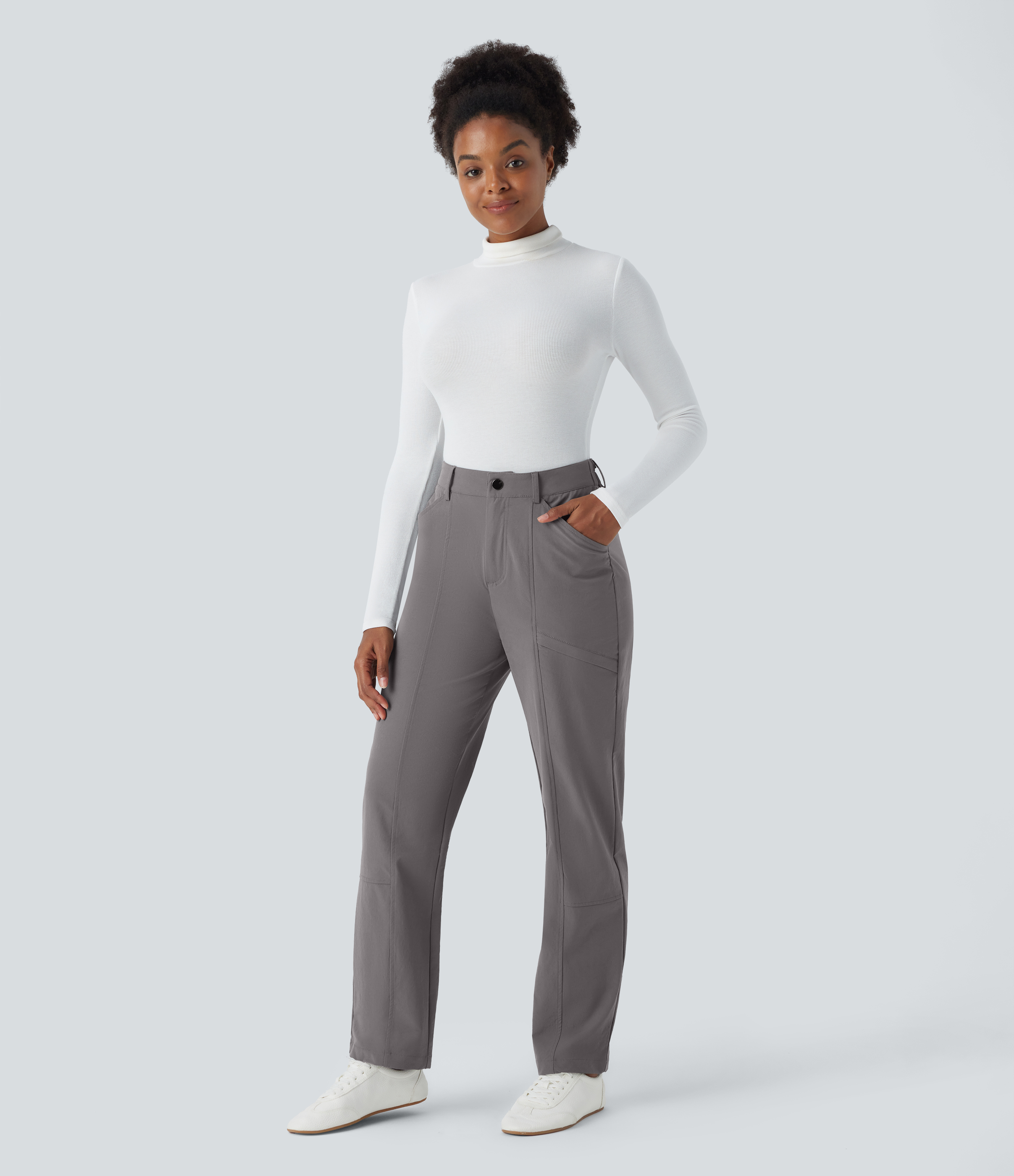 Halara High Waisted Side Pocket Adjustable Snap Button Roll-up Legs Work Pants  - Storm Front - XL(regular) sweatpants jogger pants 