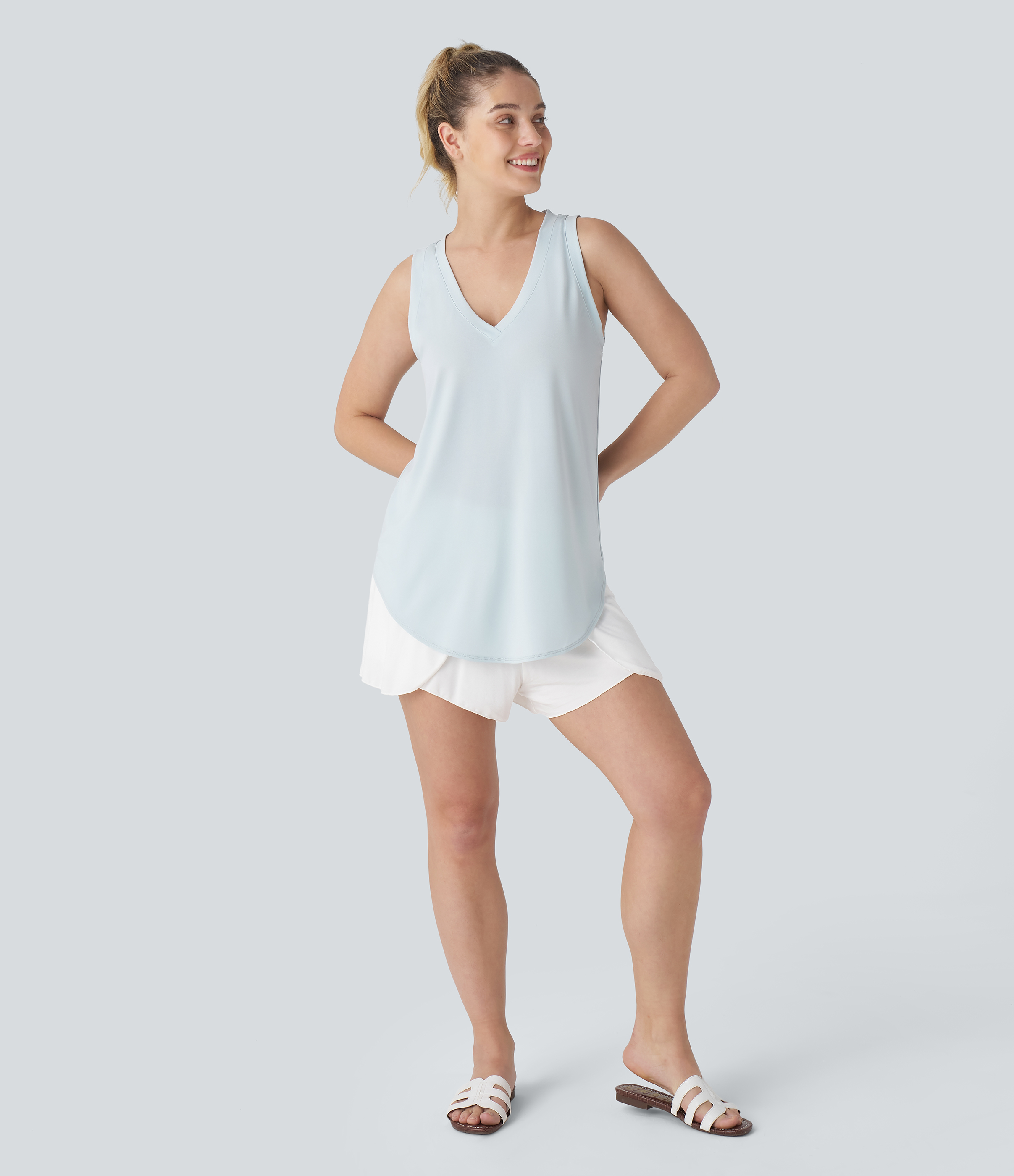 Halara V Neck Curved Hem Resort Tank Top Tank Top - Frosty Sky Blue - XL golf tops halter top tunic tops sleeveless tops backless top 
