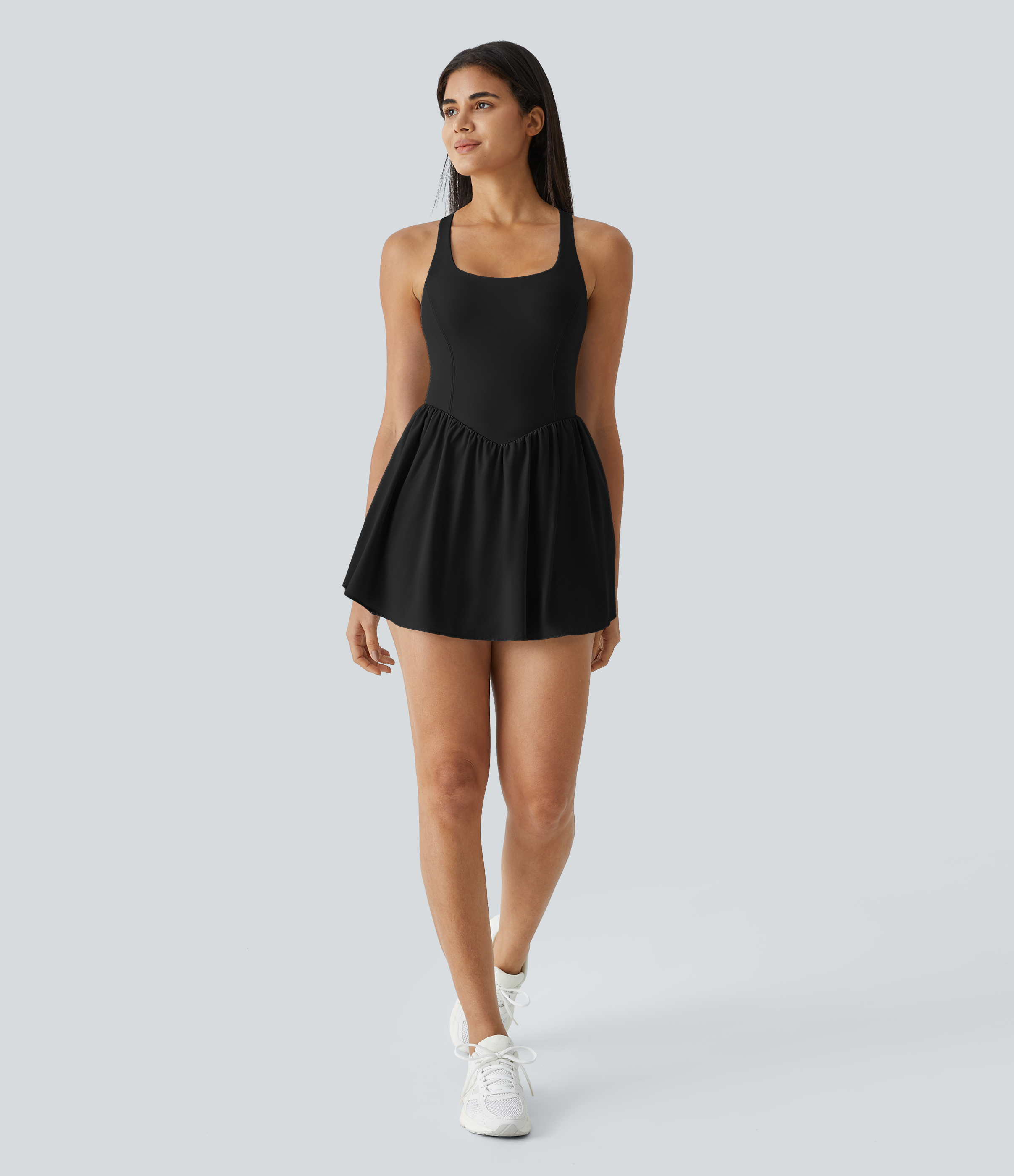 Halara Breezefulв„ў Square Neck Backless Cut Out Crisscross Twisted Back 2-in-1 Side Pocket Corset Mini Quick Dry Flowy Casual Dress Workout Dress - Black - S 