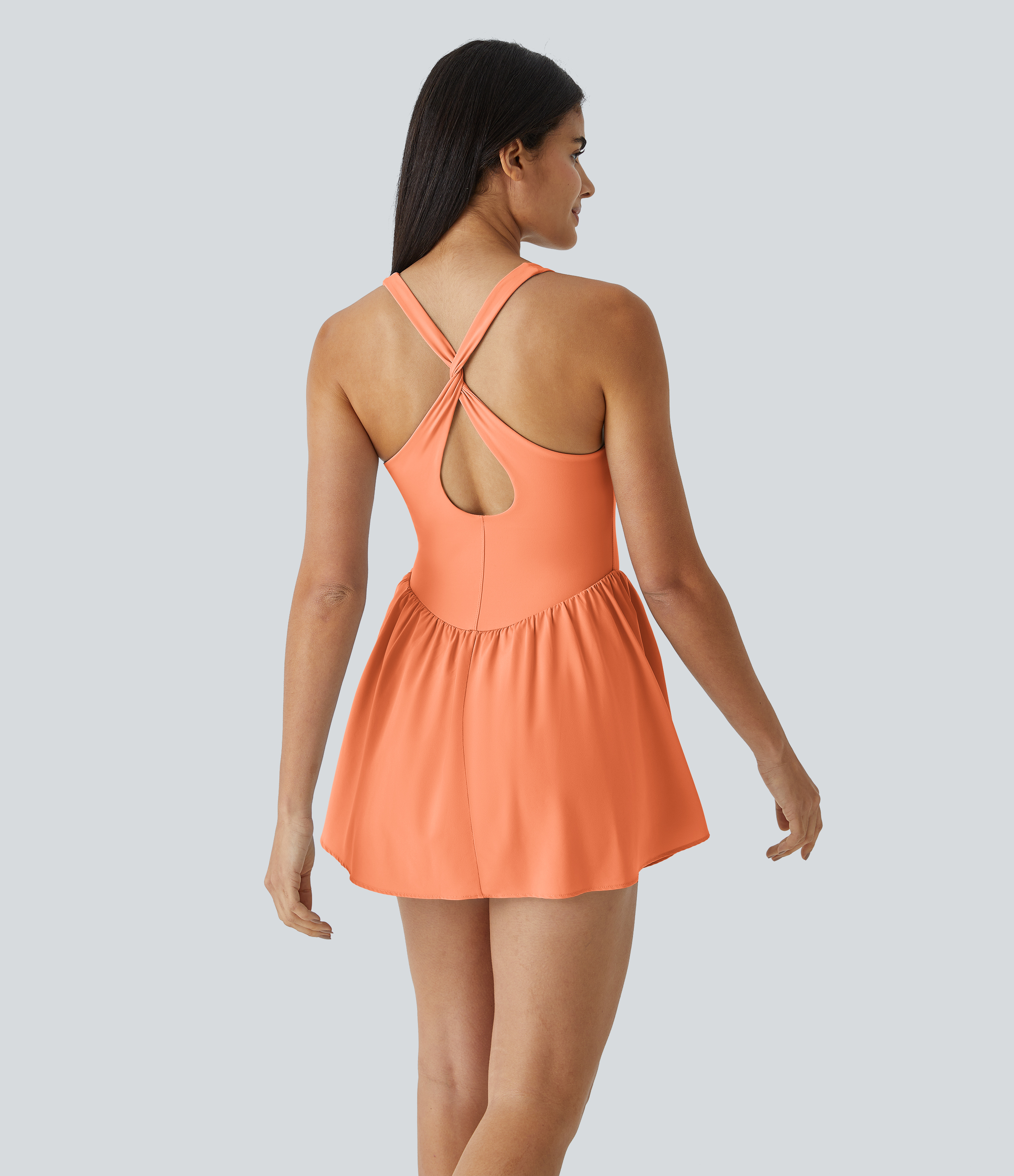 Halara Breezefulв„ў Square Neck Backless Cut Out Crisscross Twisted Back 2-in-1 Side Pocket Corset Mini Quick Dry Flowy Casual Dress Workout Dress - Blush Orange - L 