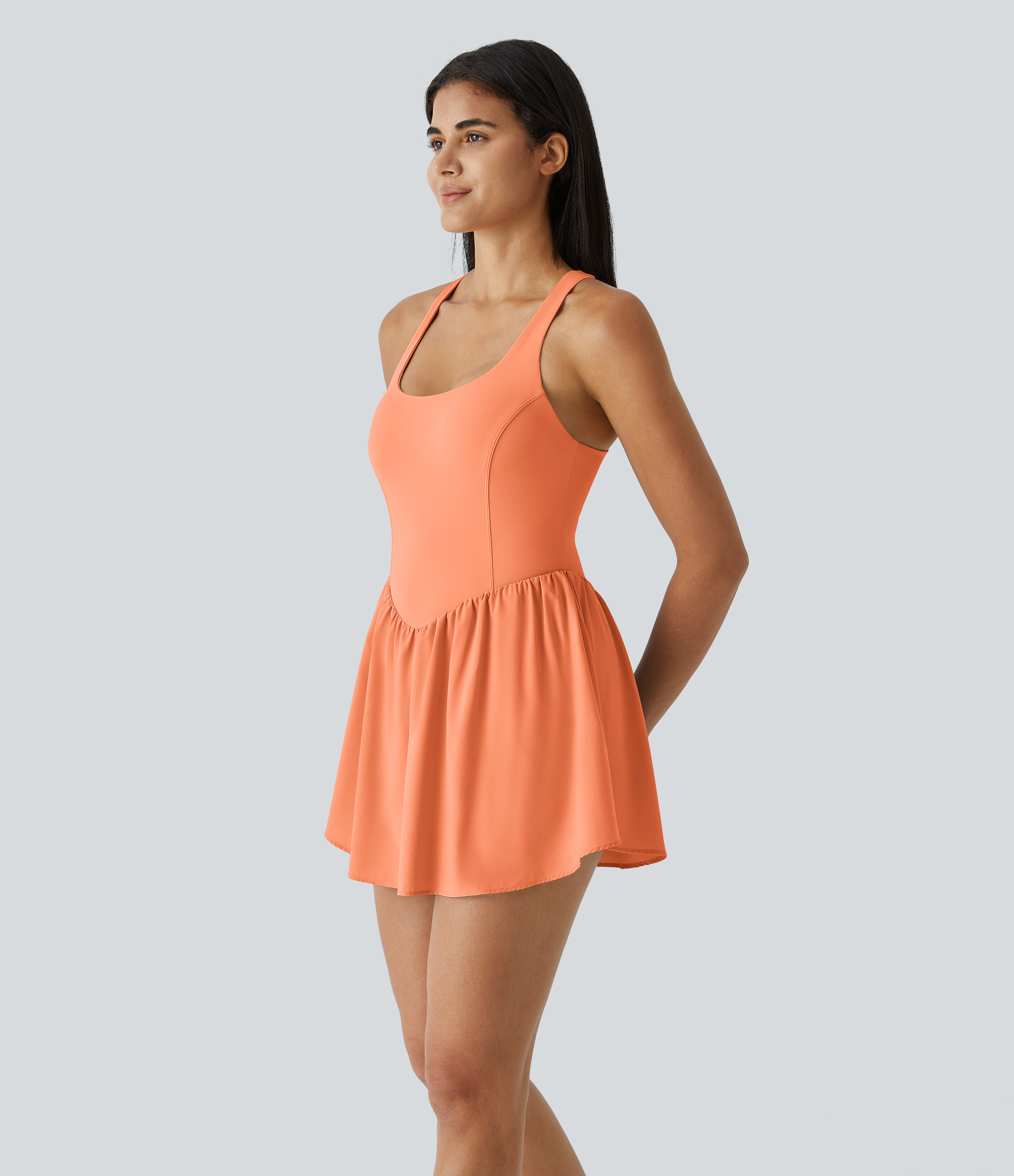 Halara Breezefulв„ў Square Neck Backless Cut Out Crisscross Twisted Back 2-in-1 Side Pocket Corset Mini Quick Dry Flowy Casual Dress Workout Dress - Blush Orange - L 