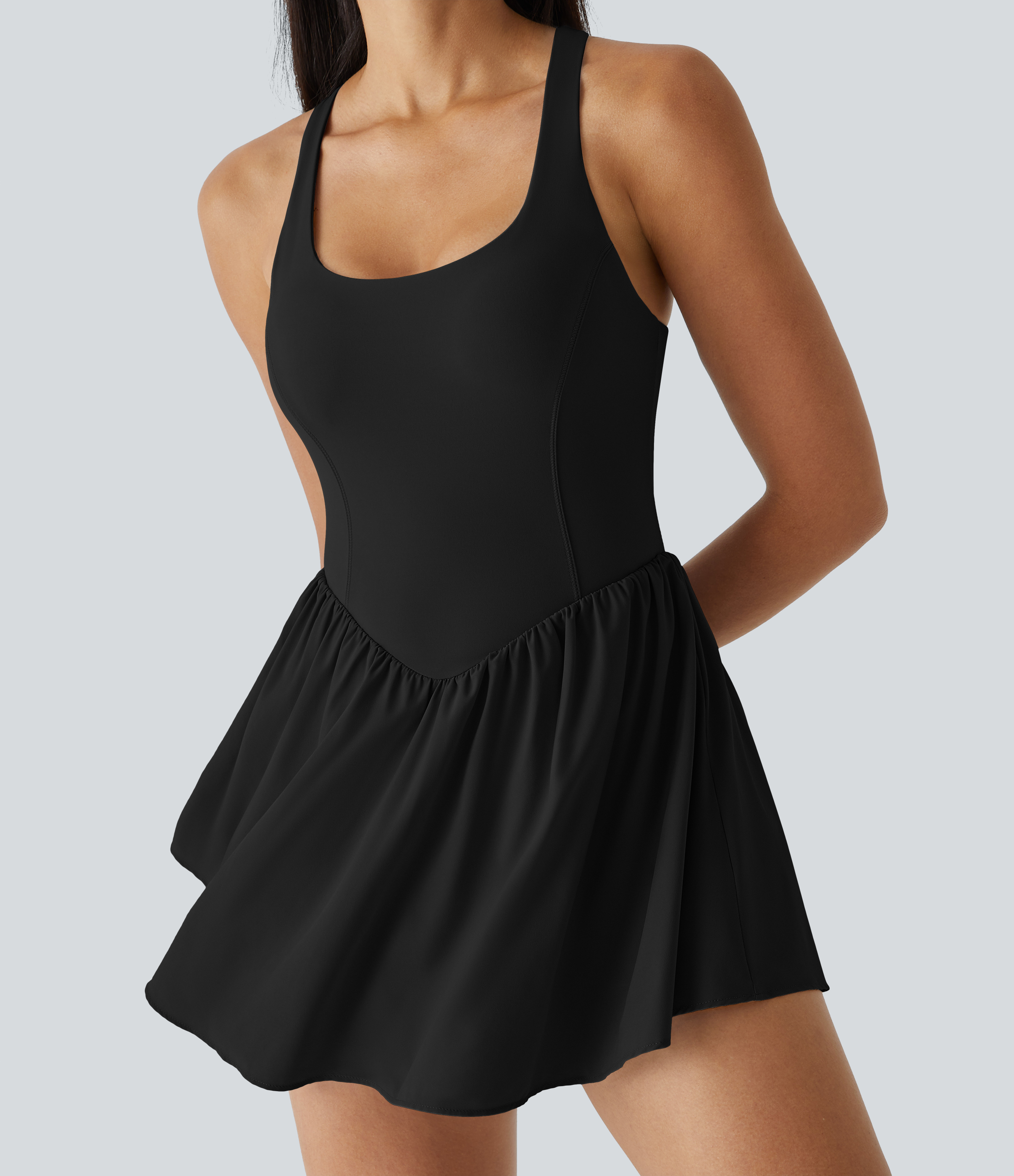 Halara Breezefulв„ў Square Neck Backless Cut Out Crisscross Twisted Back 2-in-1 Side Pocket Corset Mini Quick Dry Flowy Casual Dress Workout Dress - Black - S 
