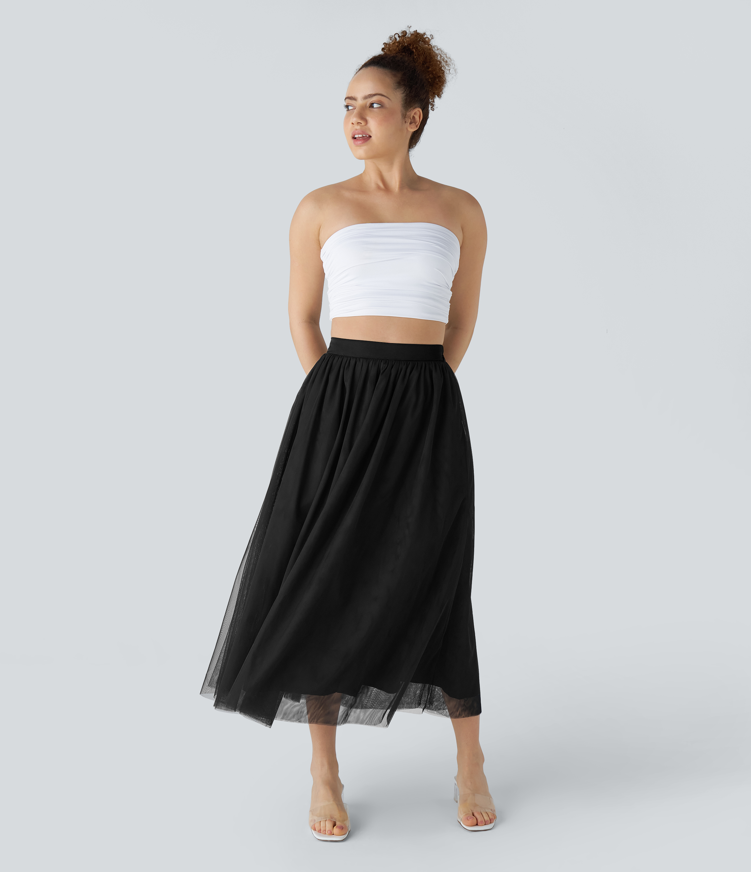 Halara High Waisted Mesh Overlay Flowy Flare Midi Casual Skirt  - Black - L(regular) 
