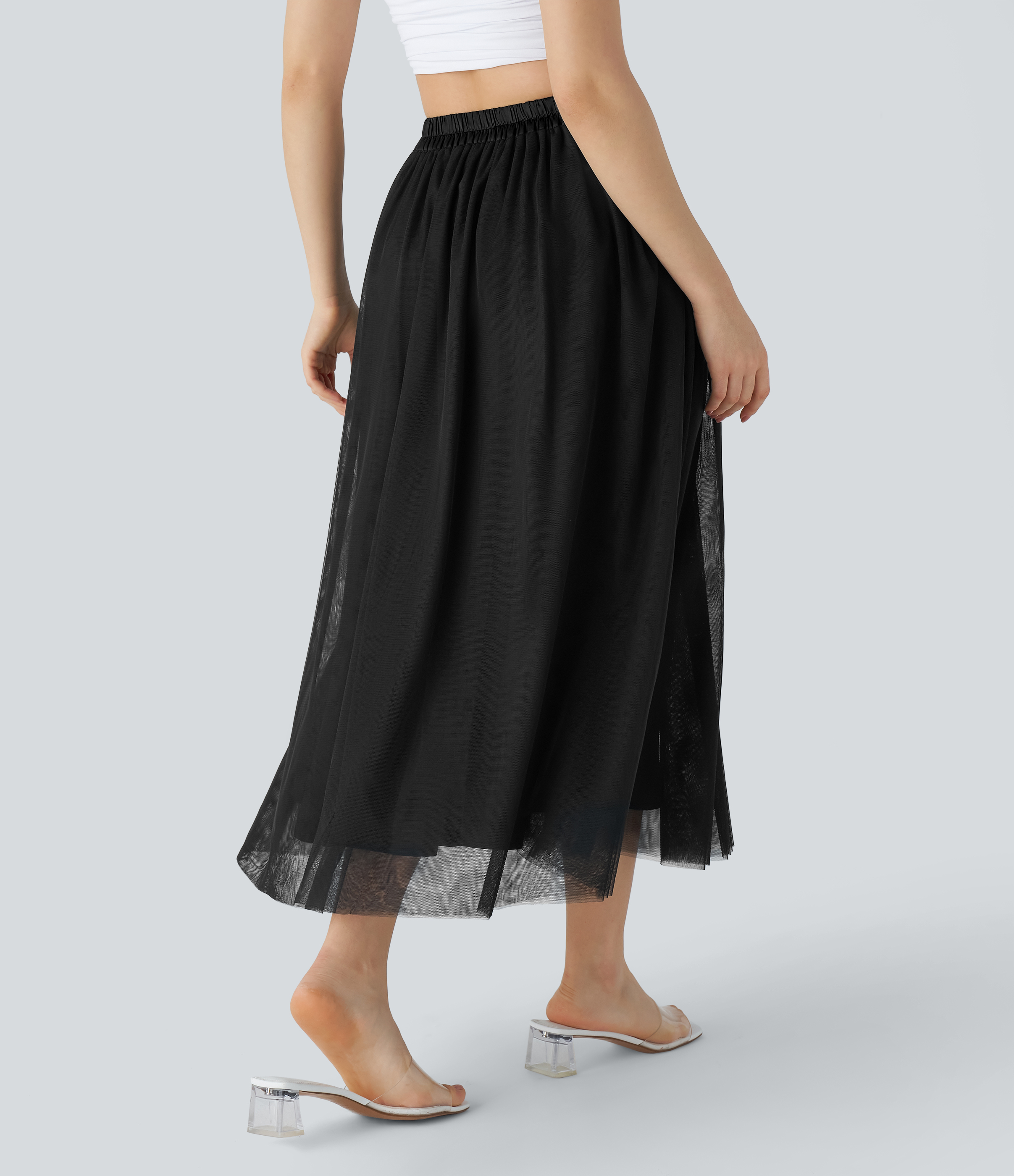 Halara High Waisted Mesh Overlay Flowy Flare Midi Casual Skirt  - Black - L(regular) 