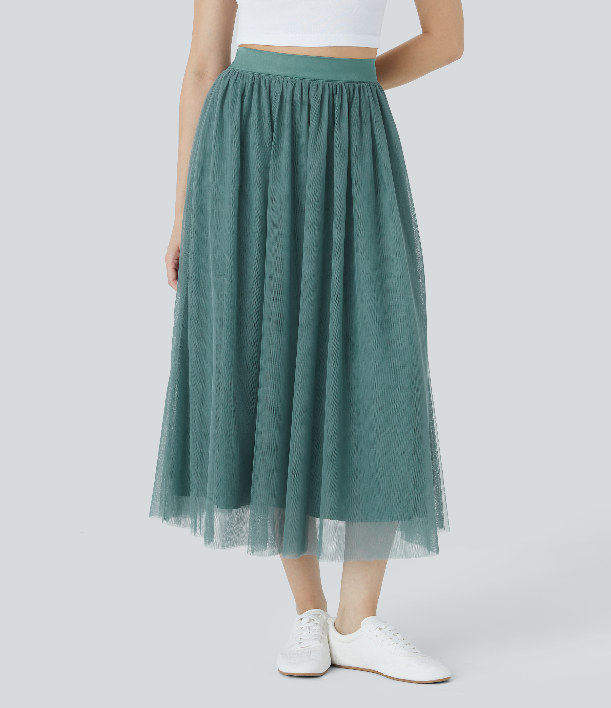 Halara High Waisted Mesh Overlay Flowy Flare Midi Casual Skirt  - Arctic - S(regular) 