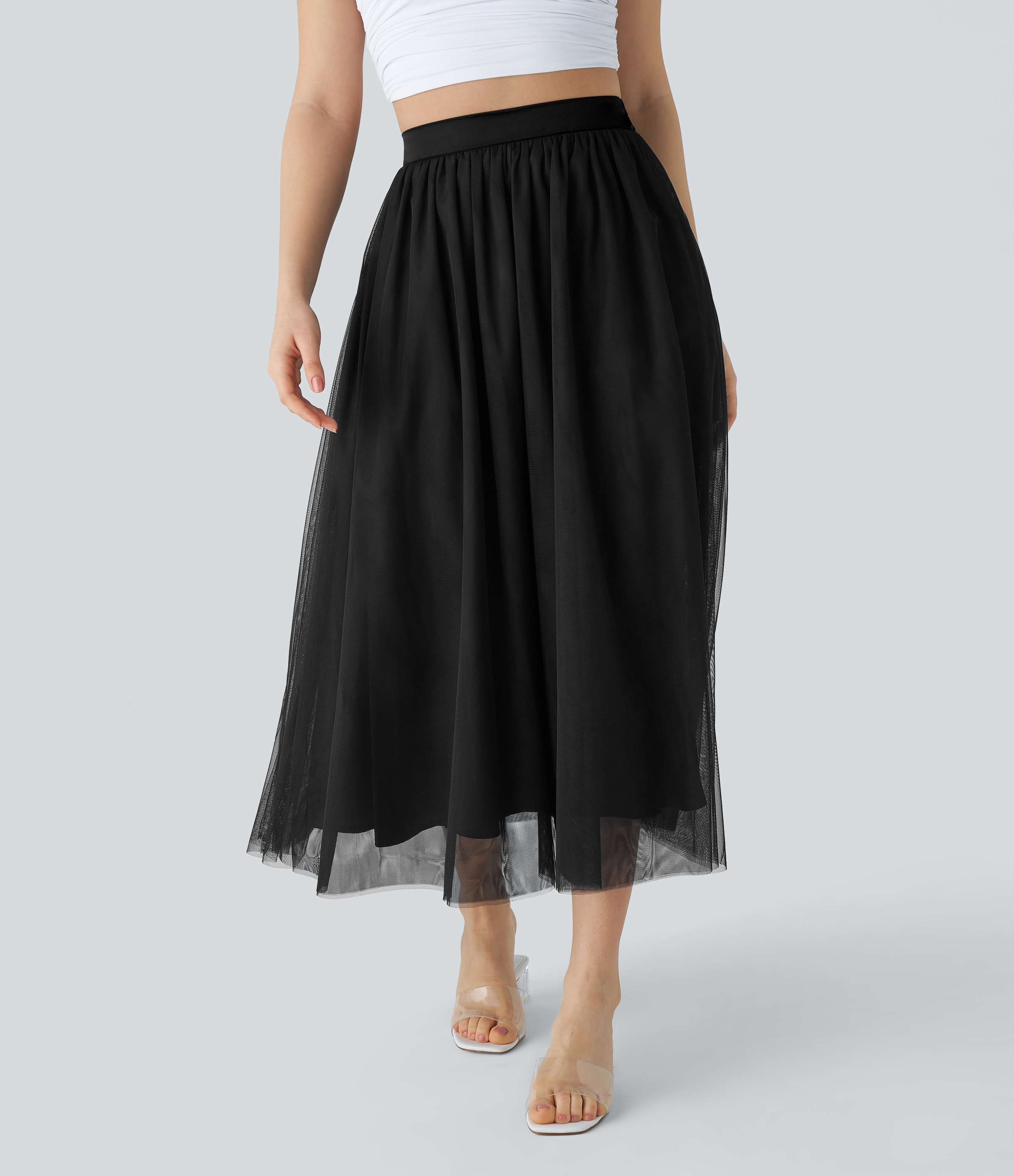 Halara High Waisted Mesh Overlay Flowy Flare Midi Casual Skirt  - Black - L(regular) 