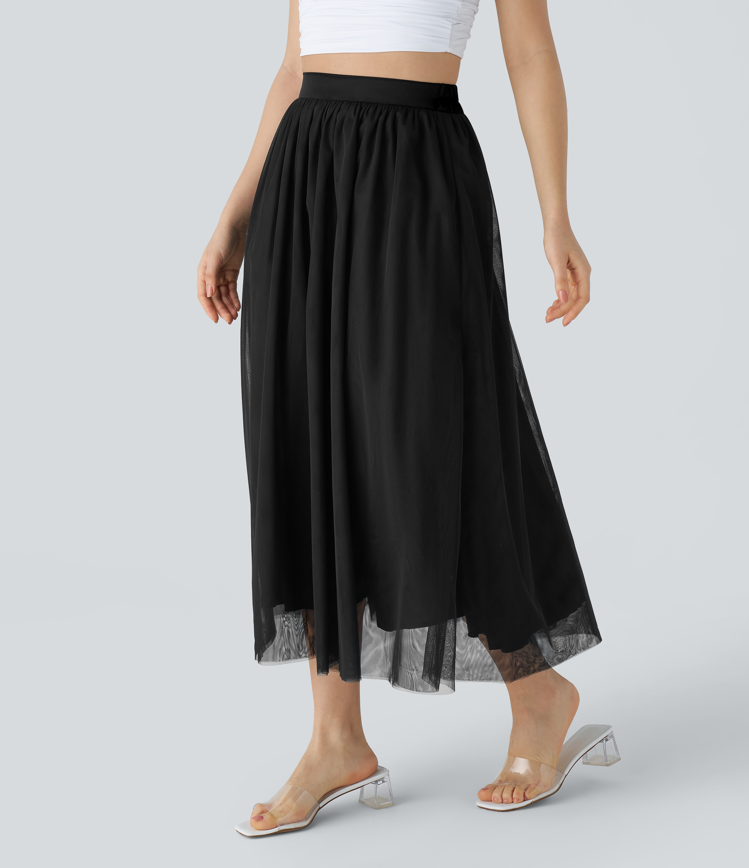 Halara High Waisted Mesh Overlay Flowy Flare Midi Casual Skirt  - Black - L(regular) 