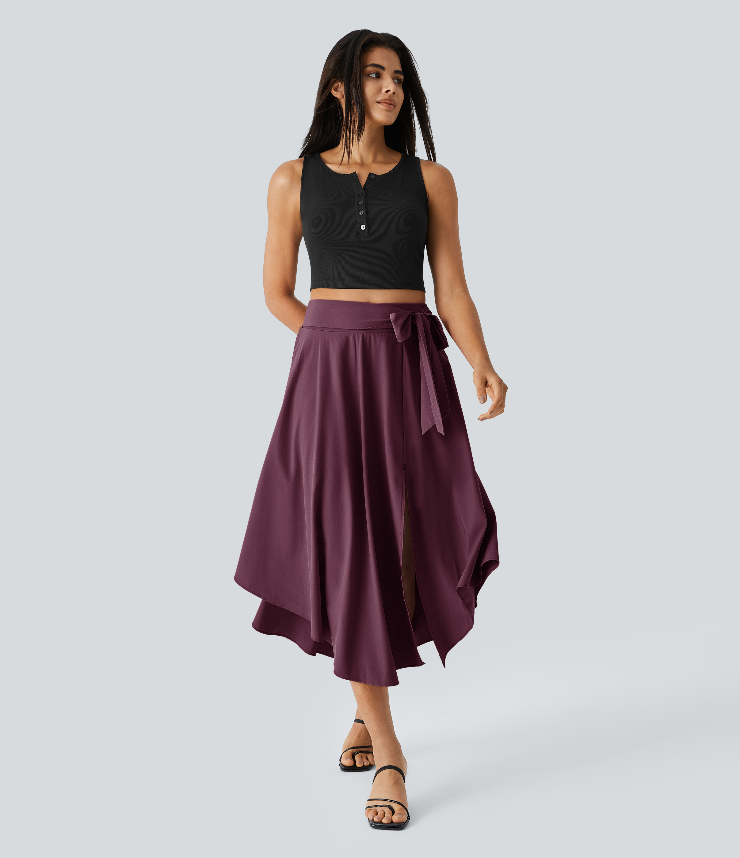 Halara Breezefulв„ў High Waisted Tie Side Split 2-in-1 Curved Hem Flowy Flare Quick Dry Midi Casual Skirt  - Deep Crimson - M(regular) 