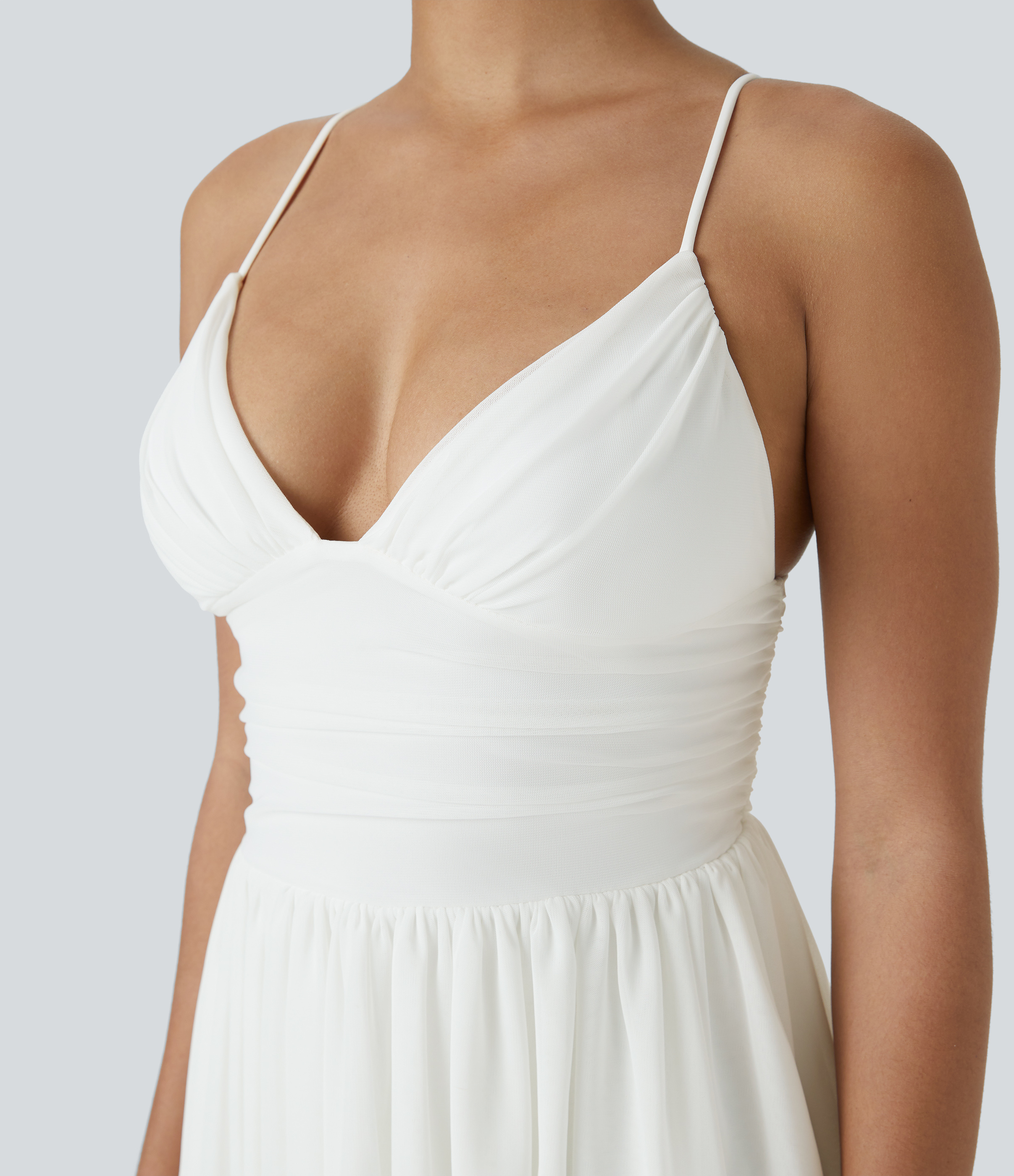 Halara Backless Crisscross Lace Up Mesh Layered Mini Party Dress Casual Dress - White - XL slip dress beach dress ruched dress halter dress 
