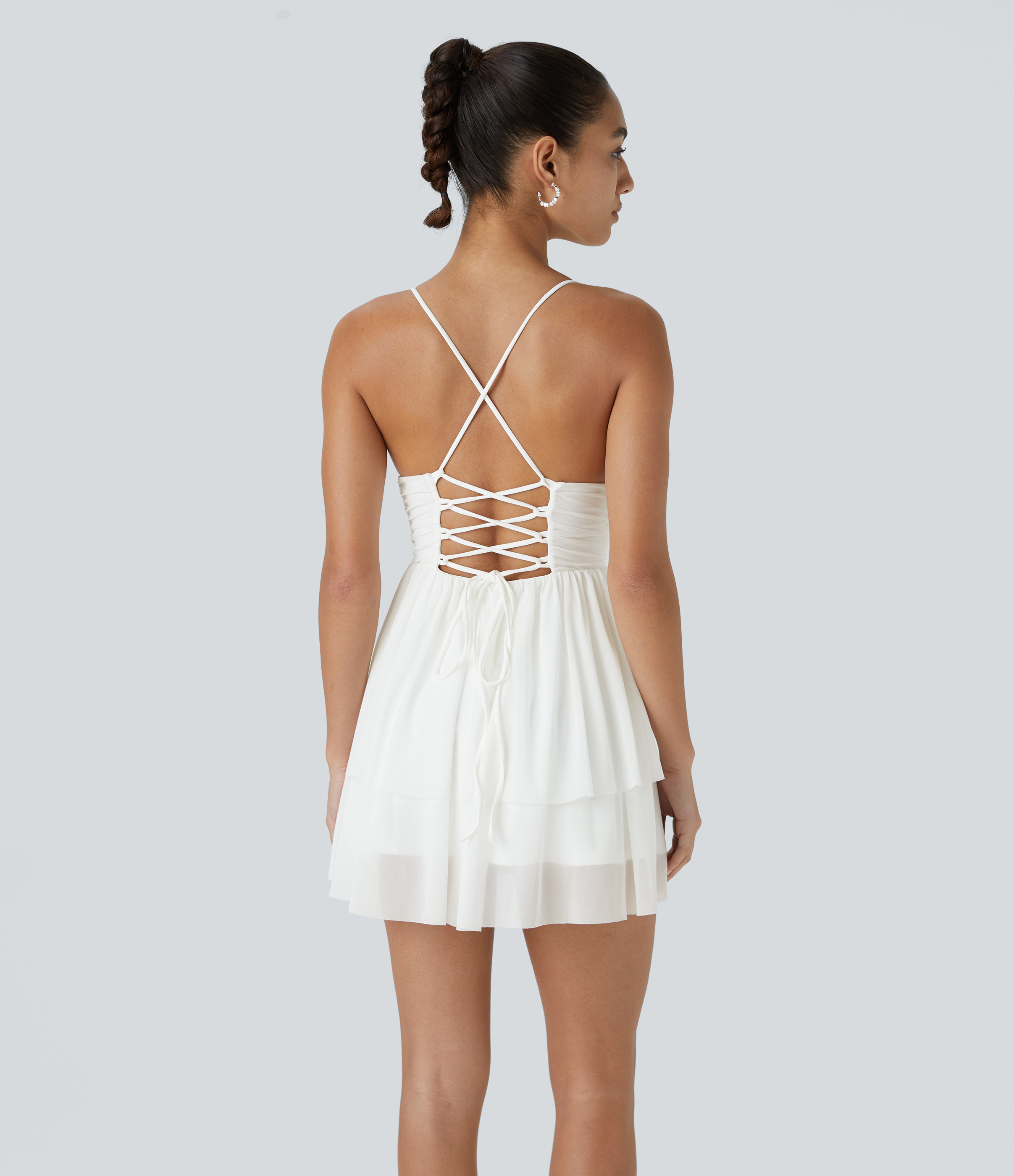 Halara Backless Crisscross Lace Up Mesh Layered Mini Party Dress Casual Dress - White - XL slip dress beach dress ruched dress halter dress 