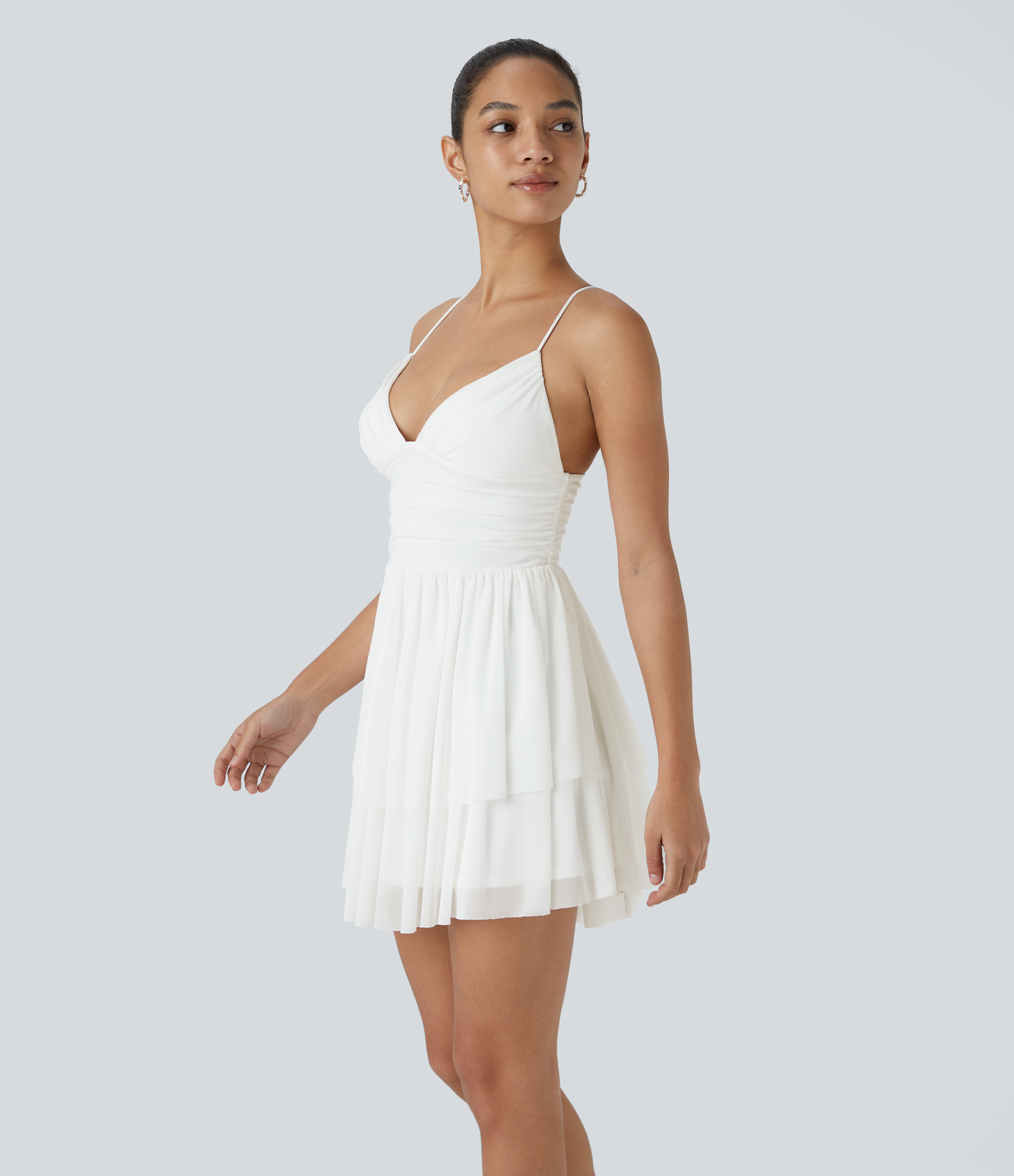 Halara Backless Crisscross Lace Up Mesh Layered Mini Party Dress Casual Dress - White - XL slip dress beach dress ruched dress halter dress 