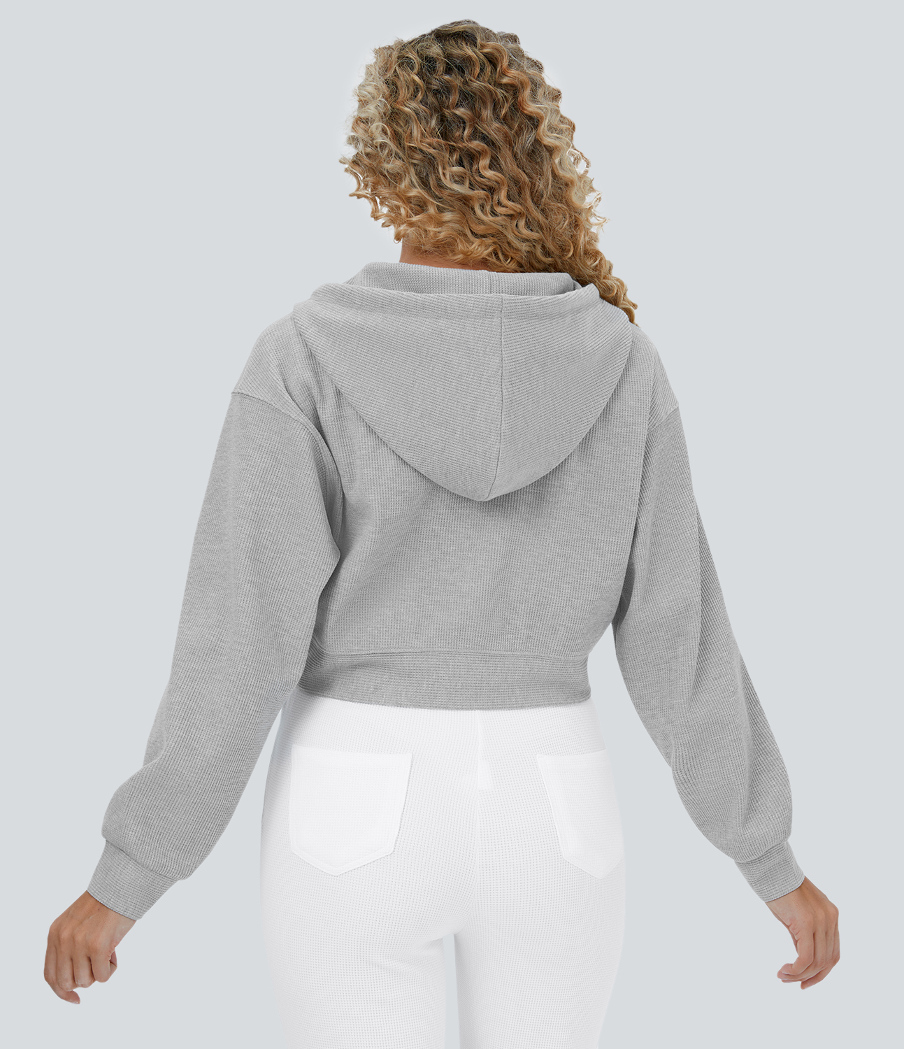 Halara Waffle Hooded Drawstring Zipper Cropped Casual Cotton Sports Sweatshirt  - Fog Gray - S 