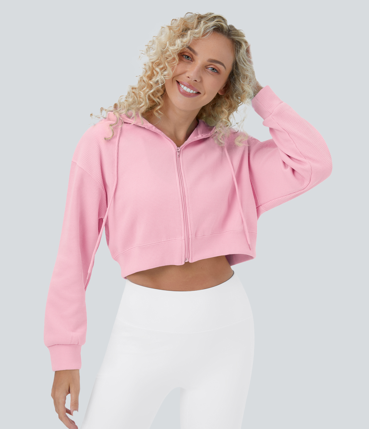 【HI FI FNK】Sag Waffle Cropped Zip Hoodie Women's Waffle Hooded Drawstring Zipper Cropped Casual
