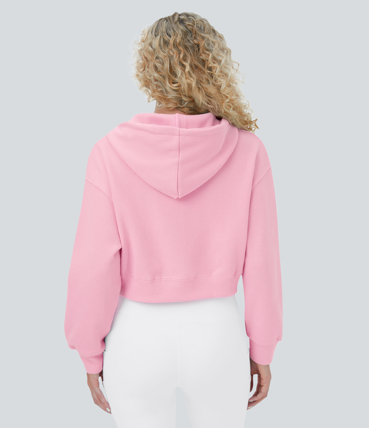 Halara Waffle Hooded Drawstring Zipper Cropped Casual Cotton Sports Sweatshirt  - Orchid Pink - XL 