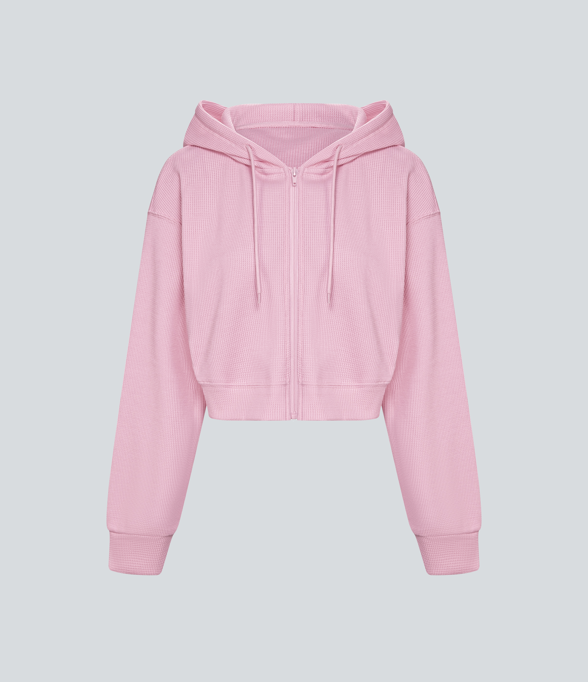 Women's Waffle Hooded Drawstring Zipper Cropped Casual