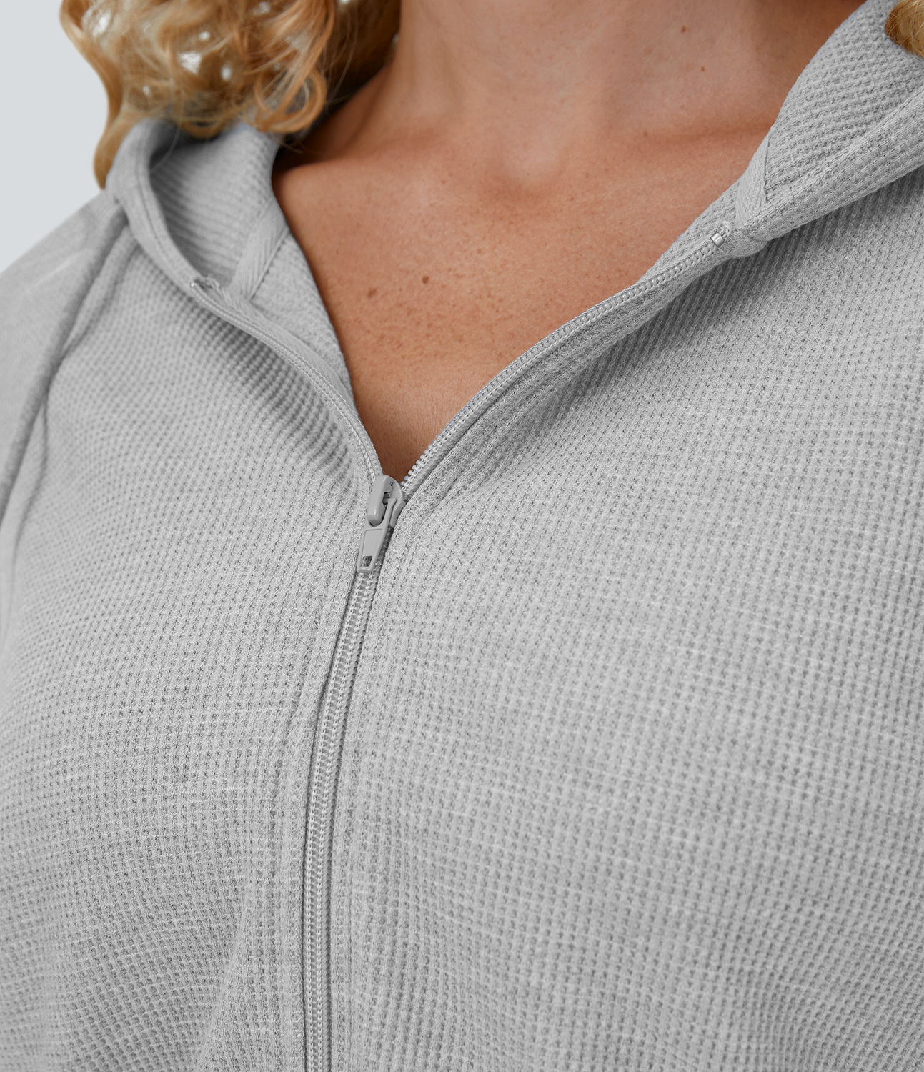 Halara Waffle Hooded Drawstring Zipper Cropped Casual Cotton Sports Sweatshirt  - Fog Gray - S 
