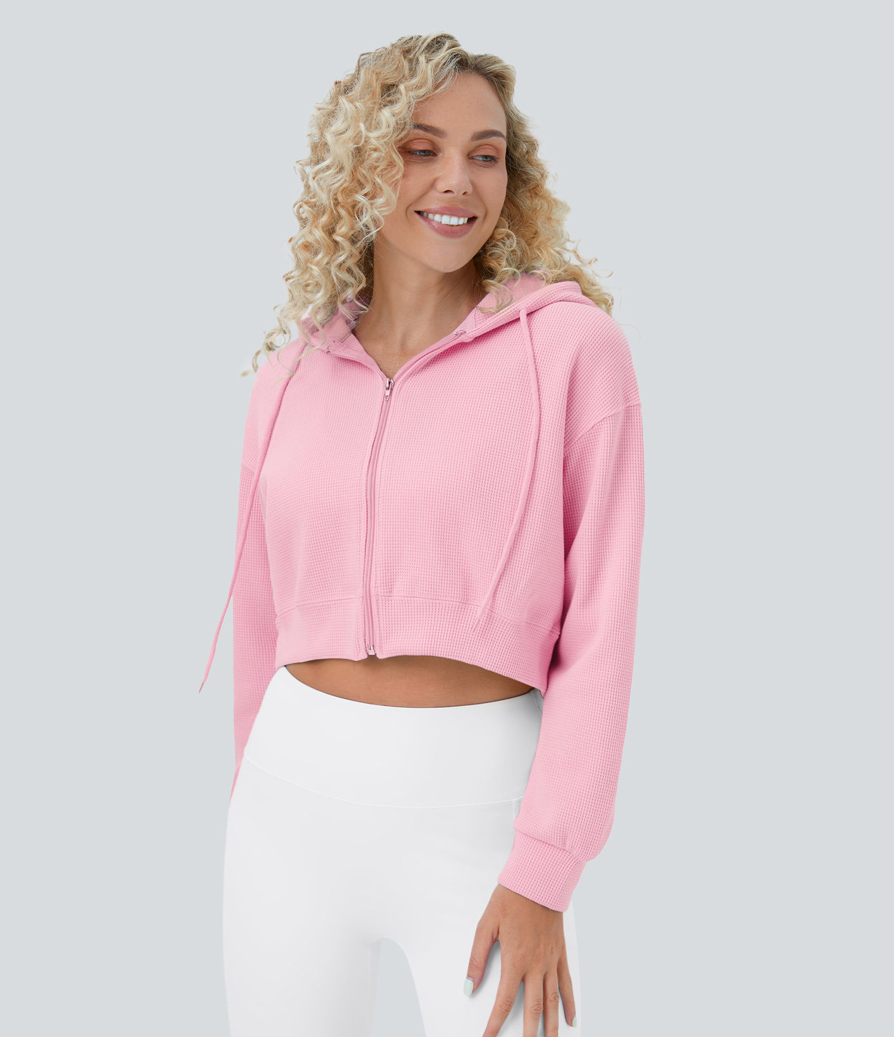 Women's Waffle Hooded Drawstring Zipper Cropped Casual