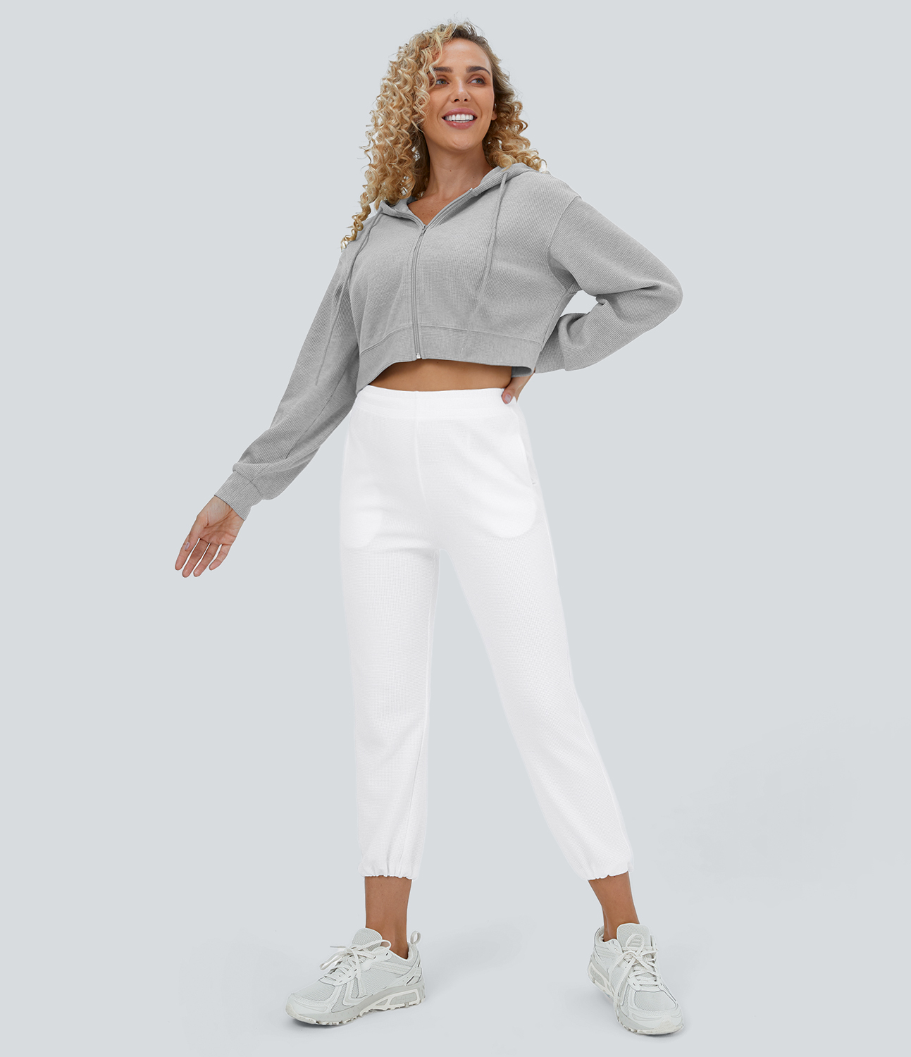 Halara Waffle Hooded Drawstring Zipper Cropped Casual Cotton Sports Sweatshirt  - Fog Gray - S 