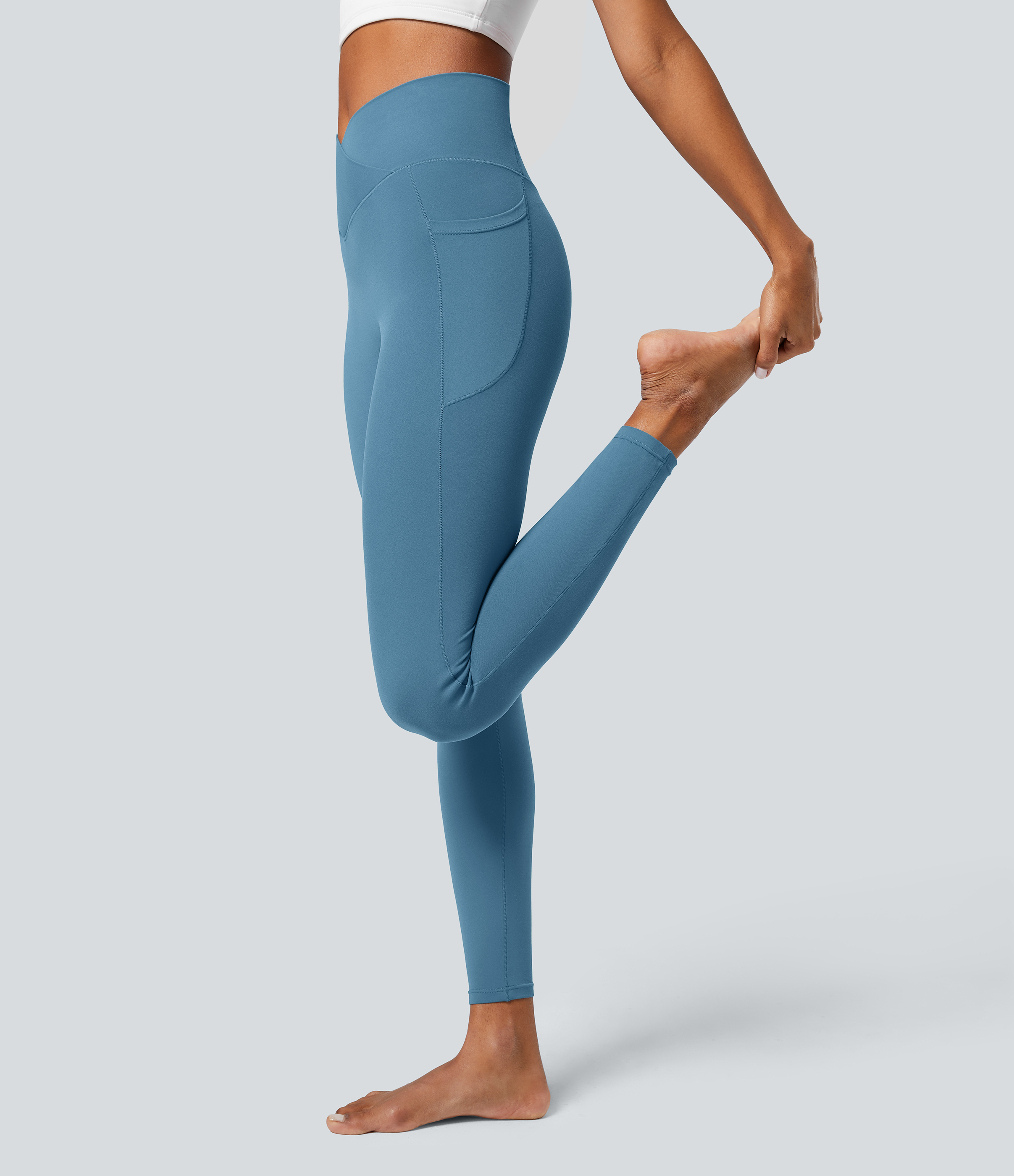 Halara Softlyzeroв„ў Crossover Pocket Plain Leggings-UPF50+  - Warm Mid Blue - L(full_length) gym leggings leggings with pockets 