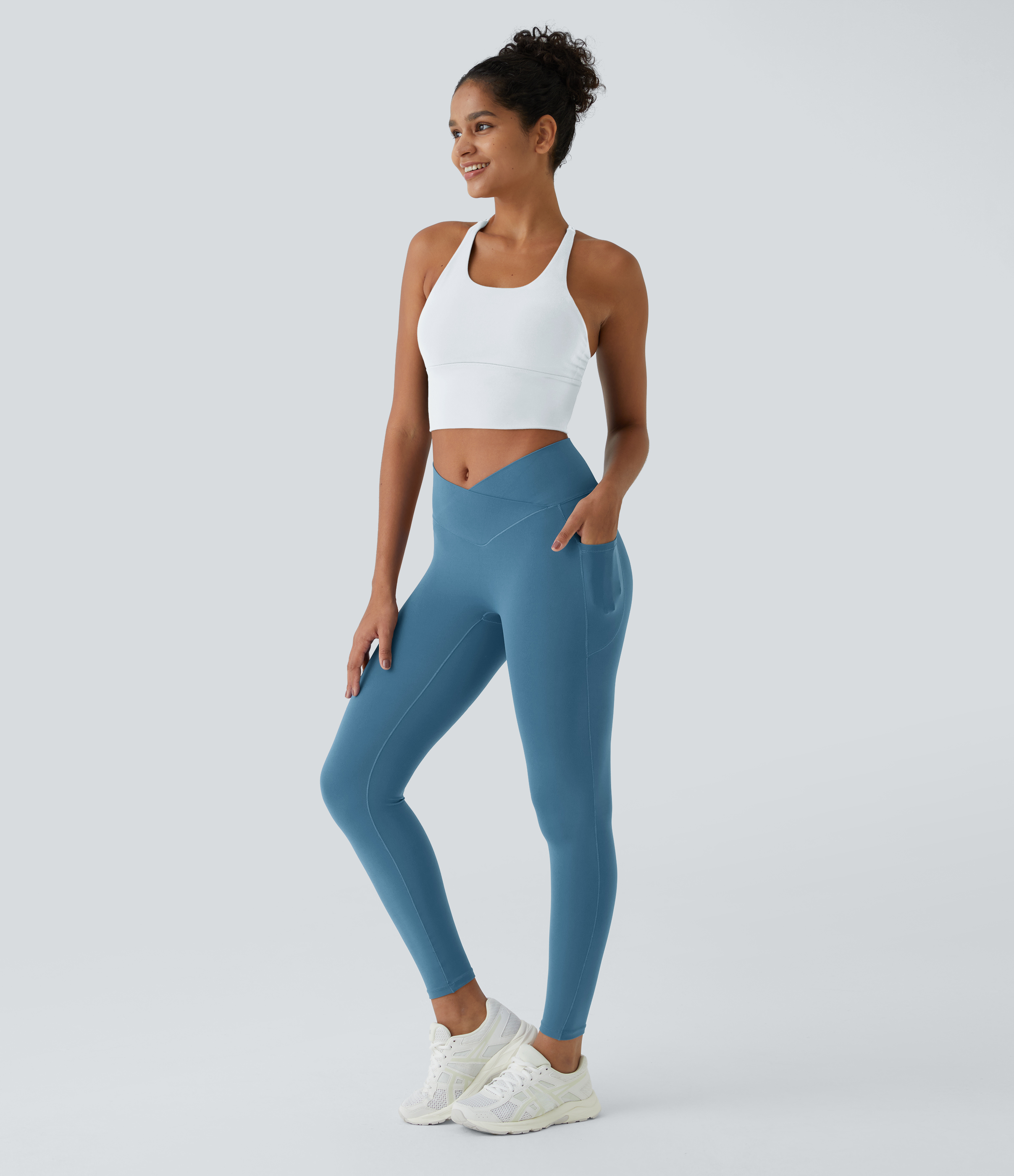 Halara Softlyzeroв„ў Crossover Pocket Plain Leggings-UPF50+  - Warm Mid Blue - L(full_length) gym leggings leggings with pockets 