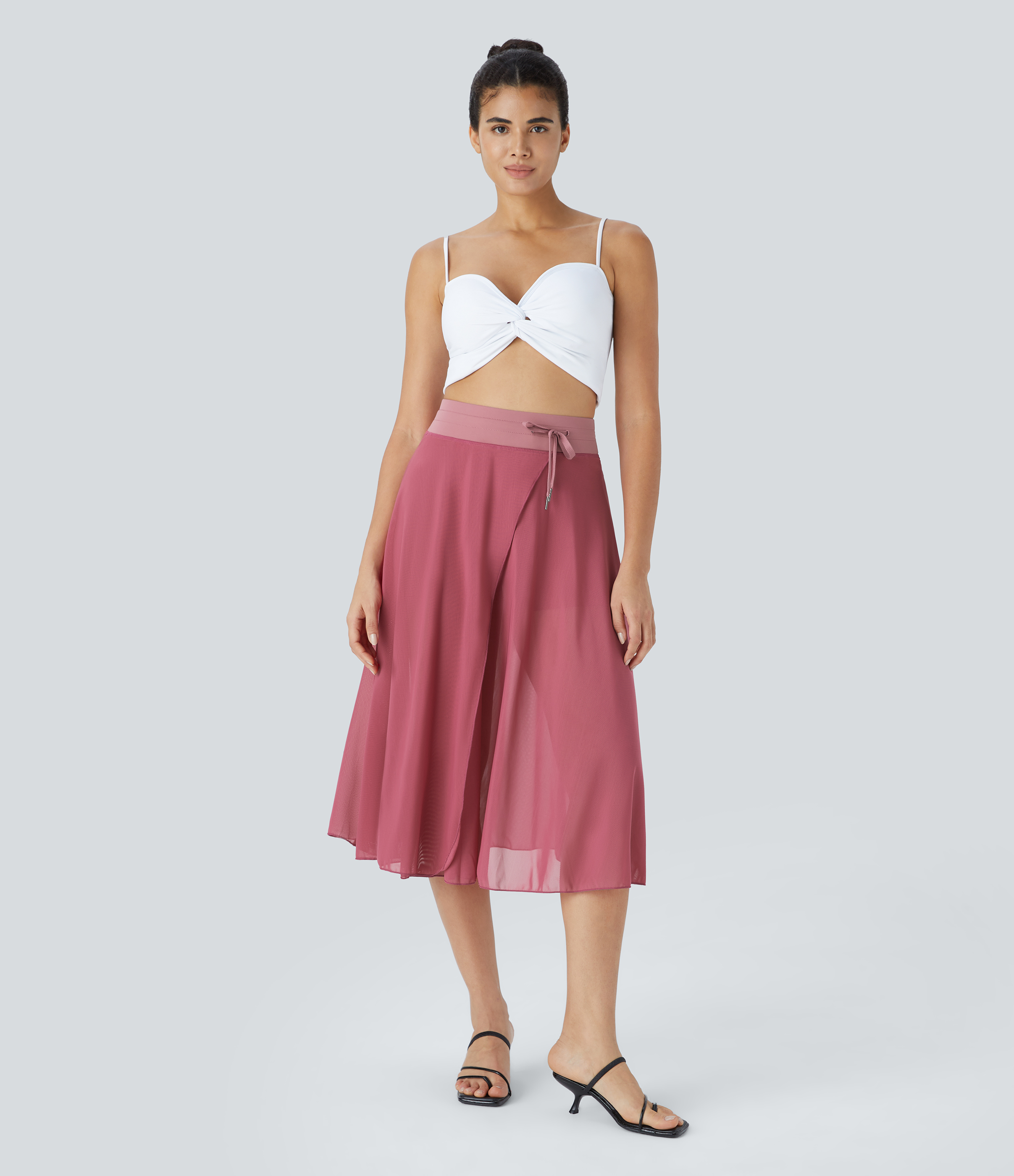 Halara High Waisted Drawstring Contrast Mesh 2-in-1 Side Pocket Flowy Midi Flare Casual Skirt  - Baroque Rose - S midi skirt a line skirt 