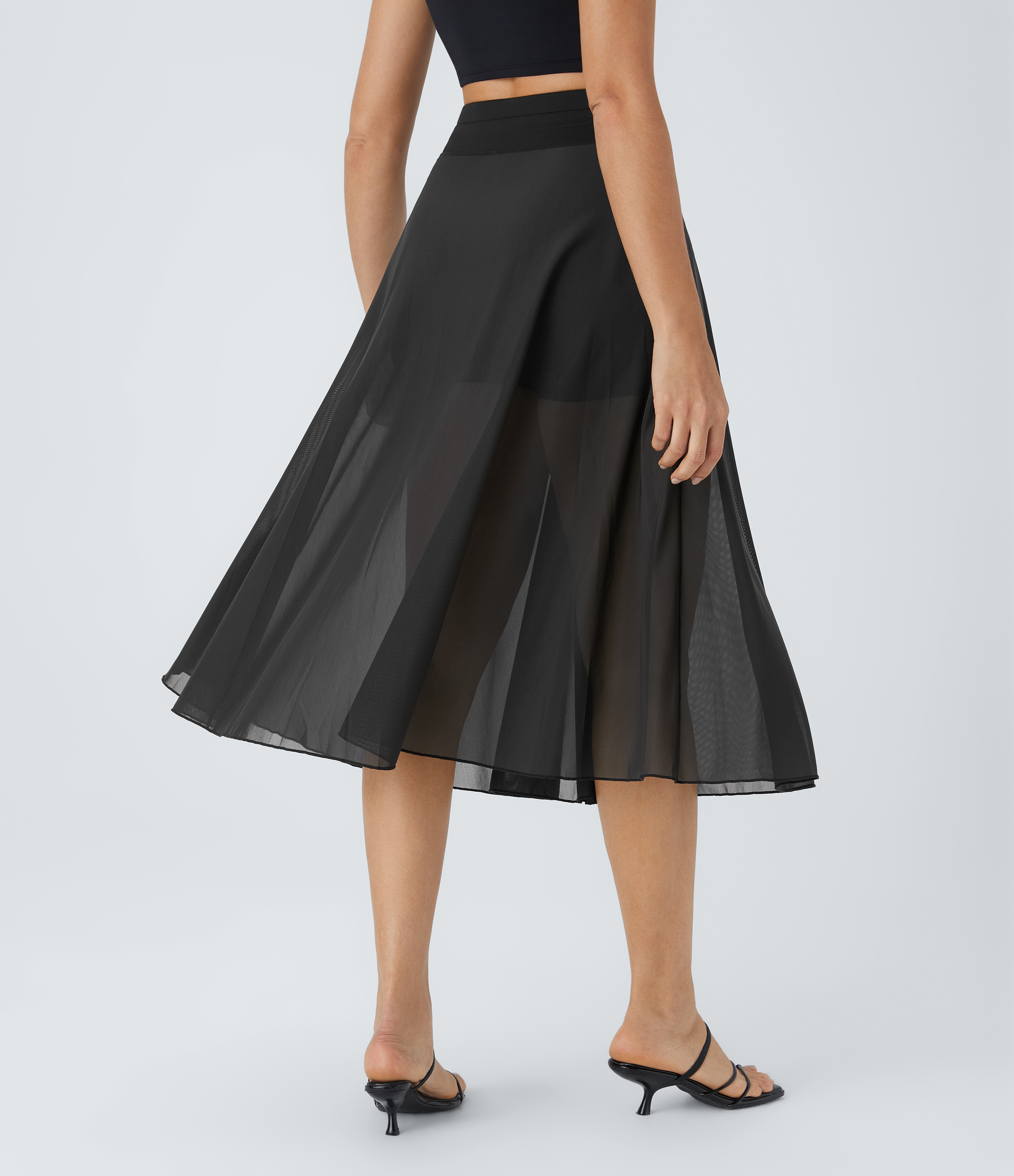 Halara High Waisted Drawstring Contrast Mesh 2-in-1 Side Pocket Flowy Midi Flare Casual Skirt  - Black - M midi skirt a line skirt 