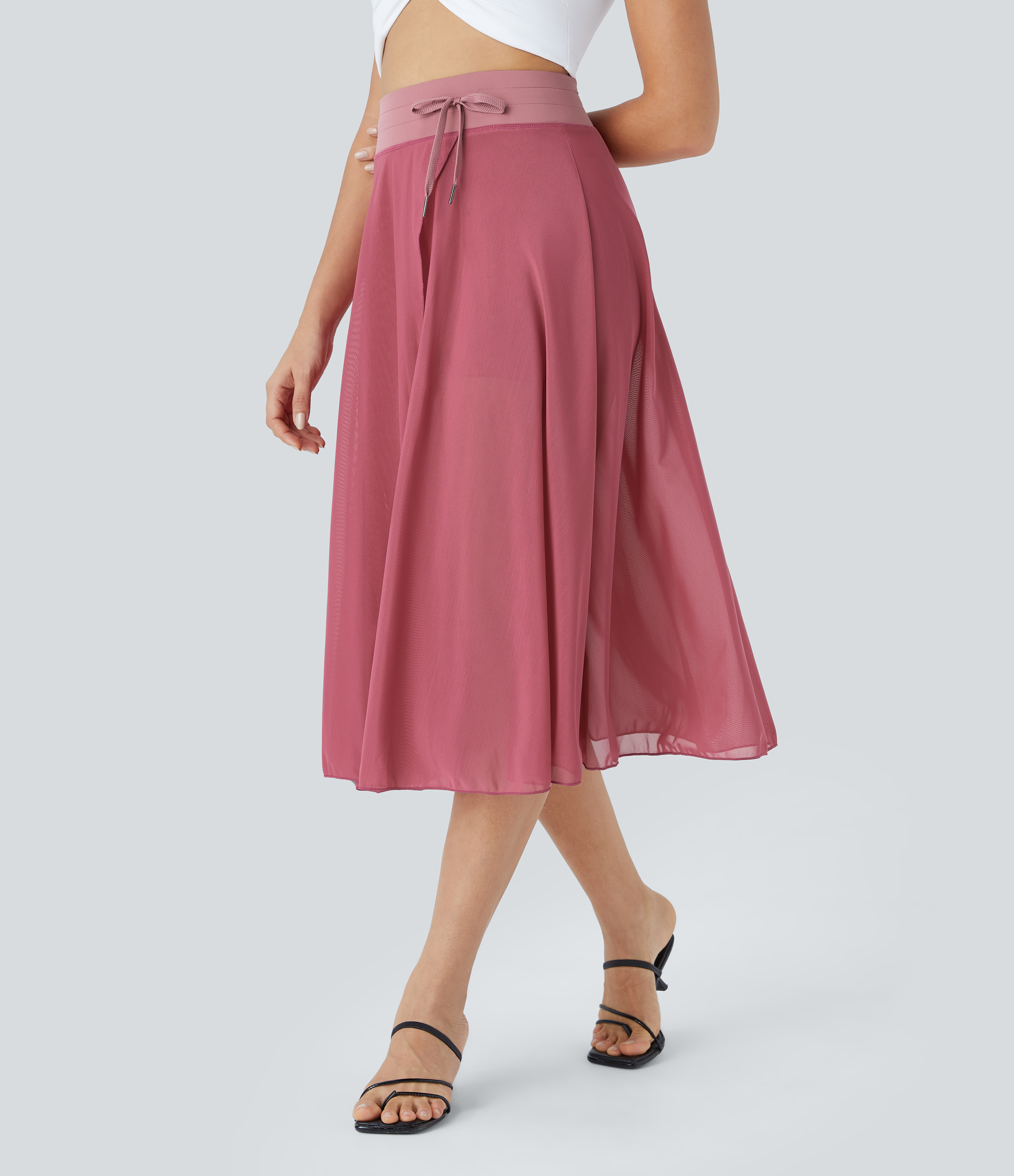 Halara High Waisted Drawstring Contrast Mesh 2-in-1 Side Pocket Flowy Midi Flare Casual Skirt  - Baroque Rose - S midi skirt a line skirt 