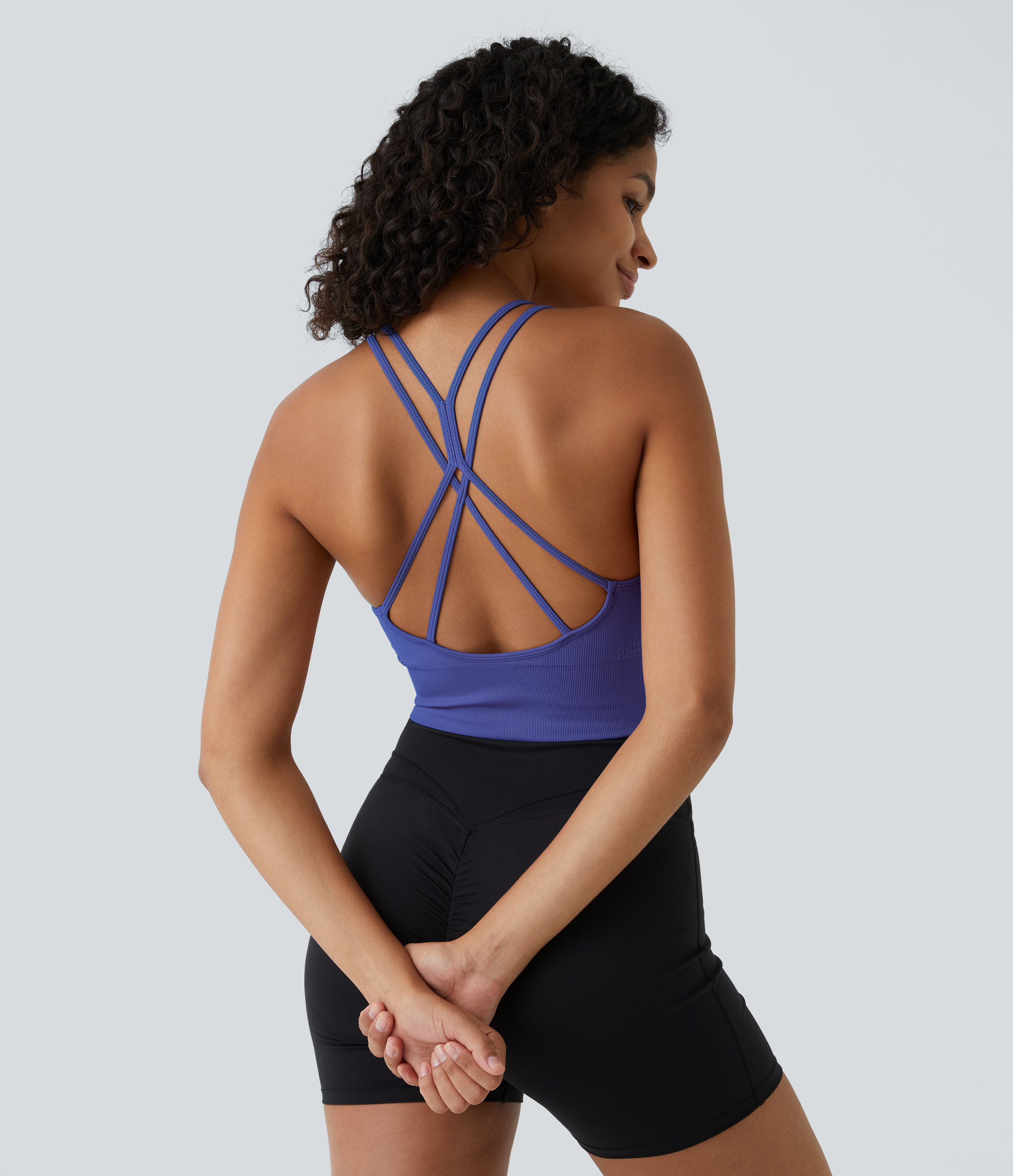 Halara Seamless Flow Low Support Ruched Double Straps Backless Crisscross Sports Bra  - Amparo Blue - XS push up bra strapless bra 