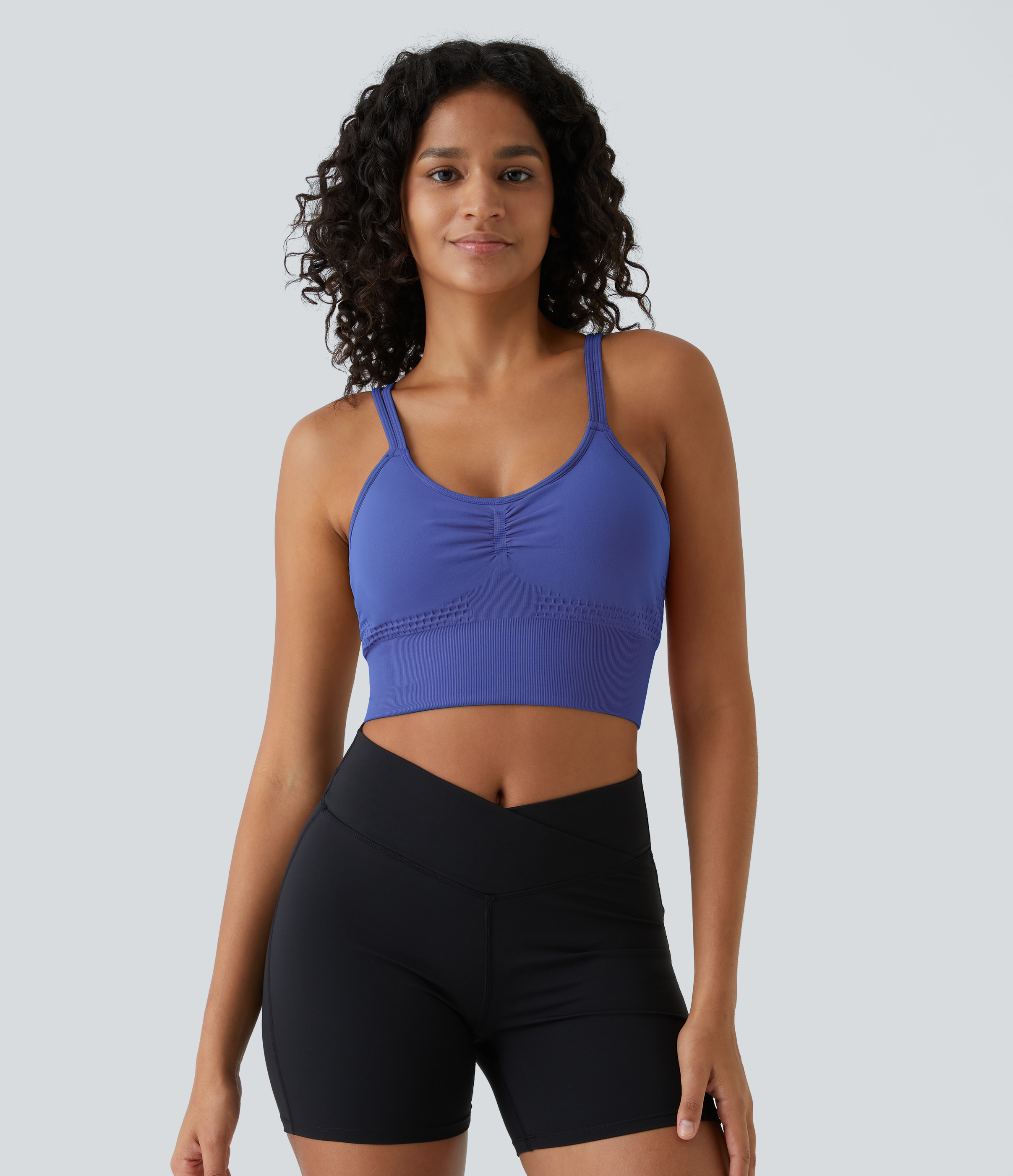 Halara Seamless Flow Low Support Ruched Double Straps Backless Crisscross Sports Bra  - Amparo Blue - XS push up bra strapless bra 