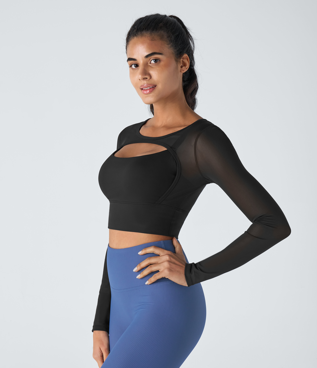 Halara Contrast Mesh Cut Out 2-in-1 Cropped Skinny Yoga Sports Top  - Black - XS 