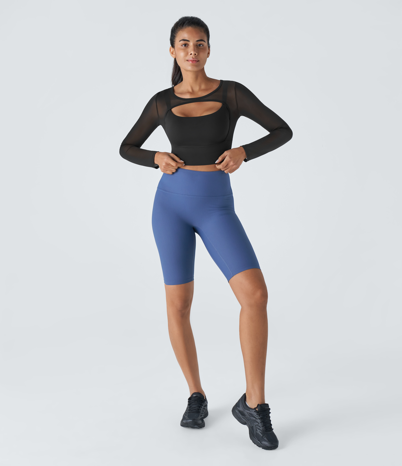 Halara Contrast Mesh Cut Out 2-in-1 Cropped Skinny Yoga Sports Top  - Black - XS 