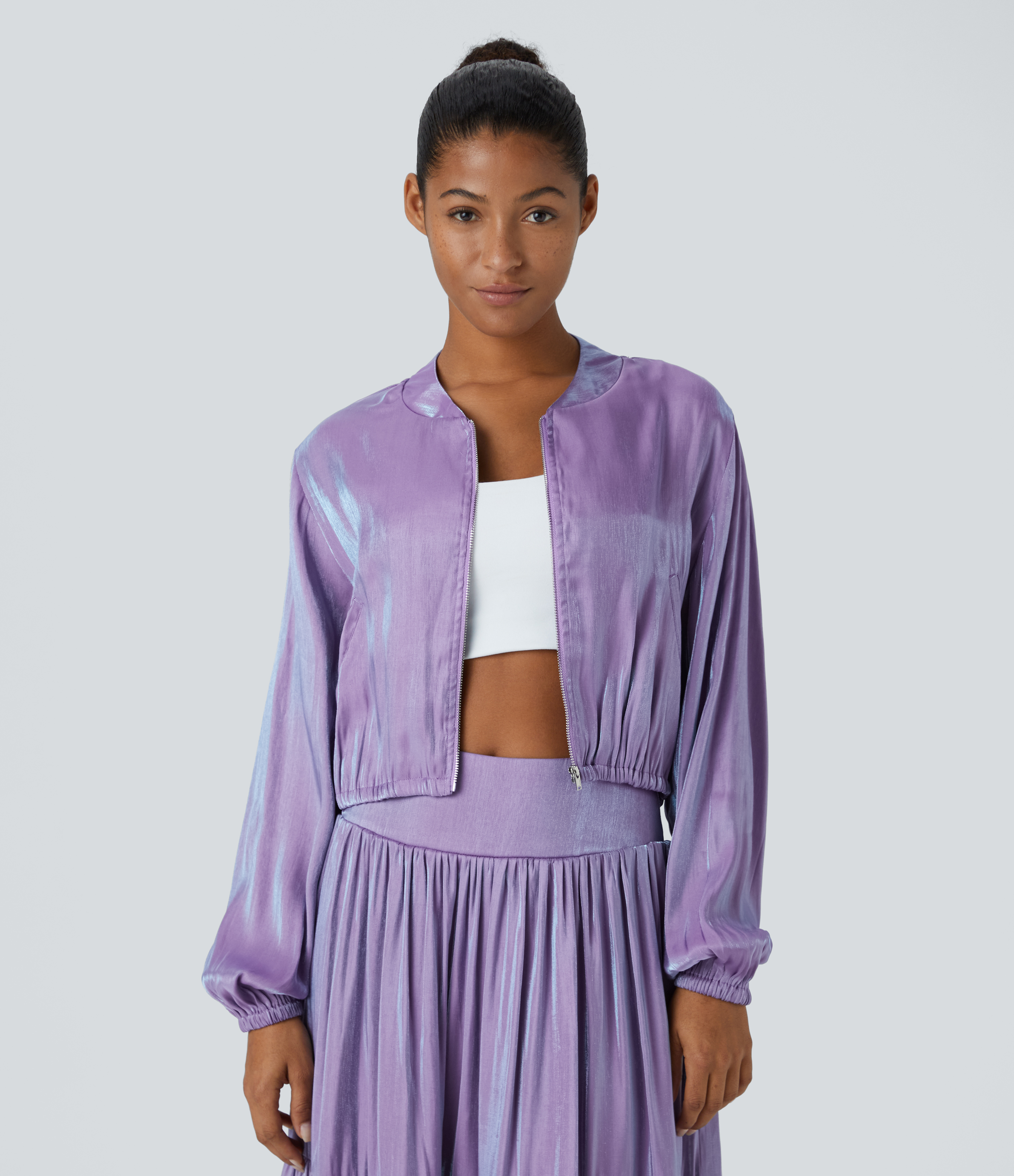 Halara Side Pocket Zipper Shine Casual Bomber Jacket  - Rhapsody - S 