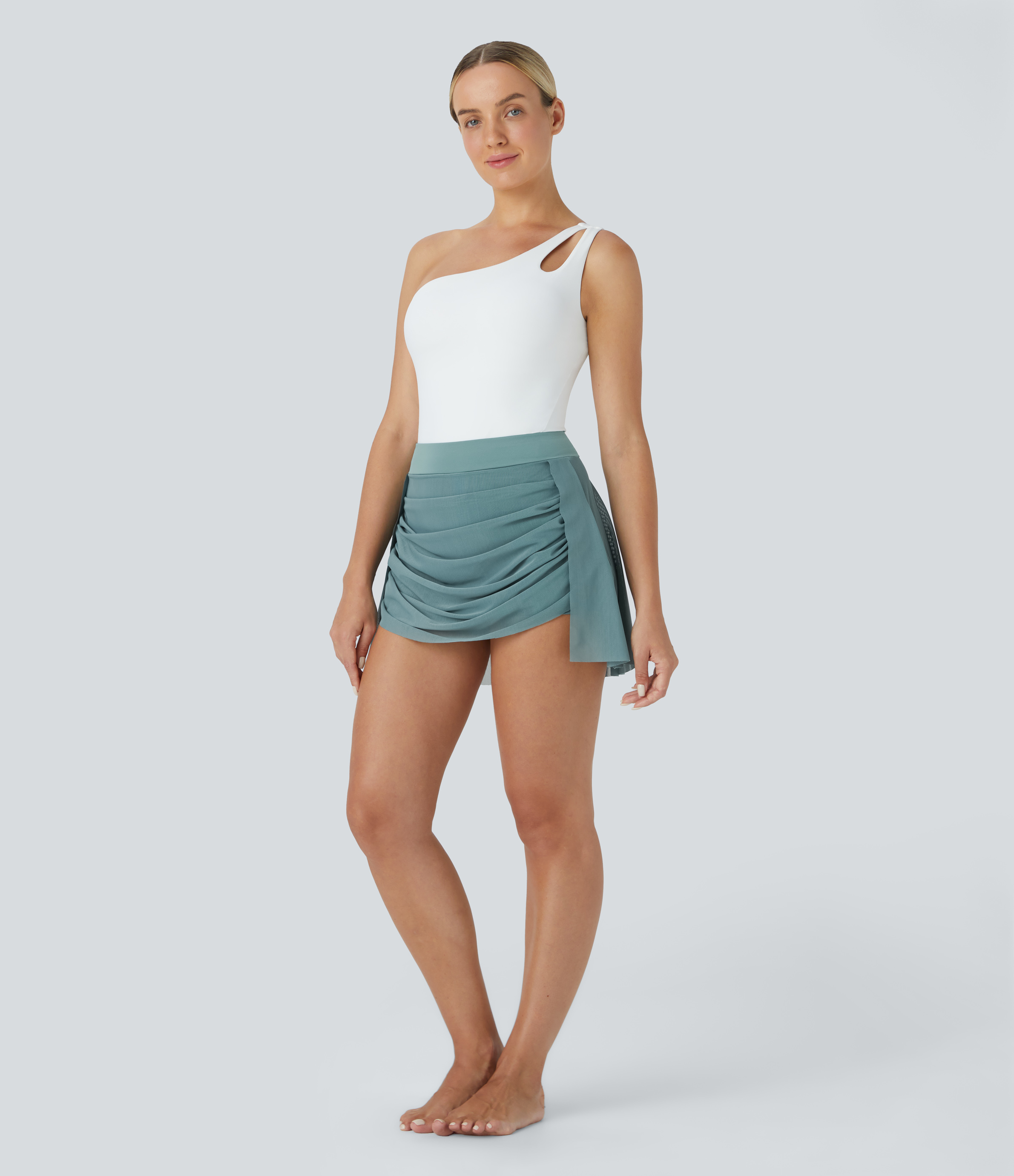 Halara High Waisted Contrast Mesh Ruched 2-in-1 Side Pocket Mini Dance Skirt  - Morning Dew Green - M(regular) 