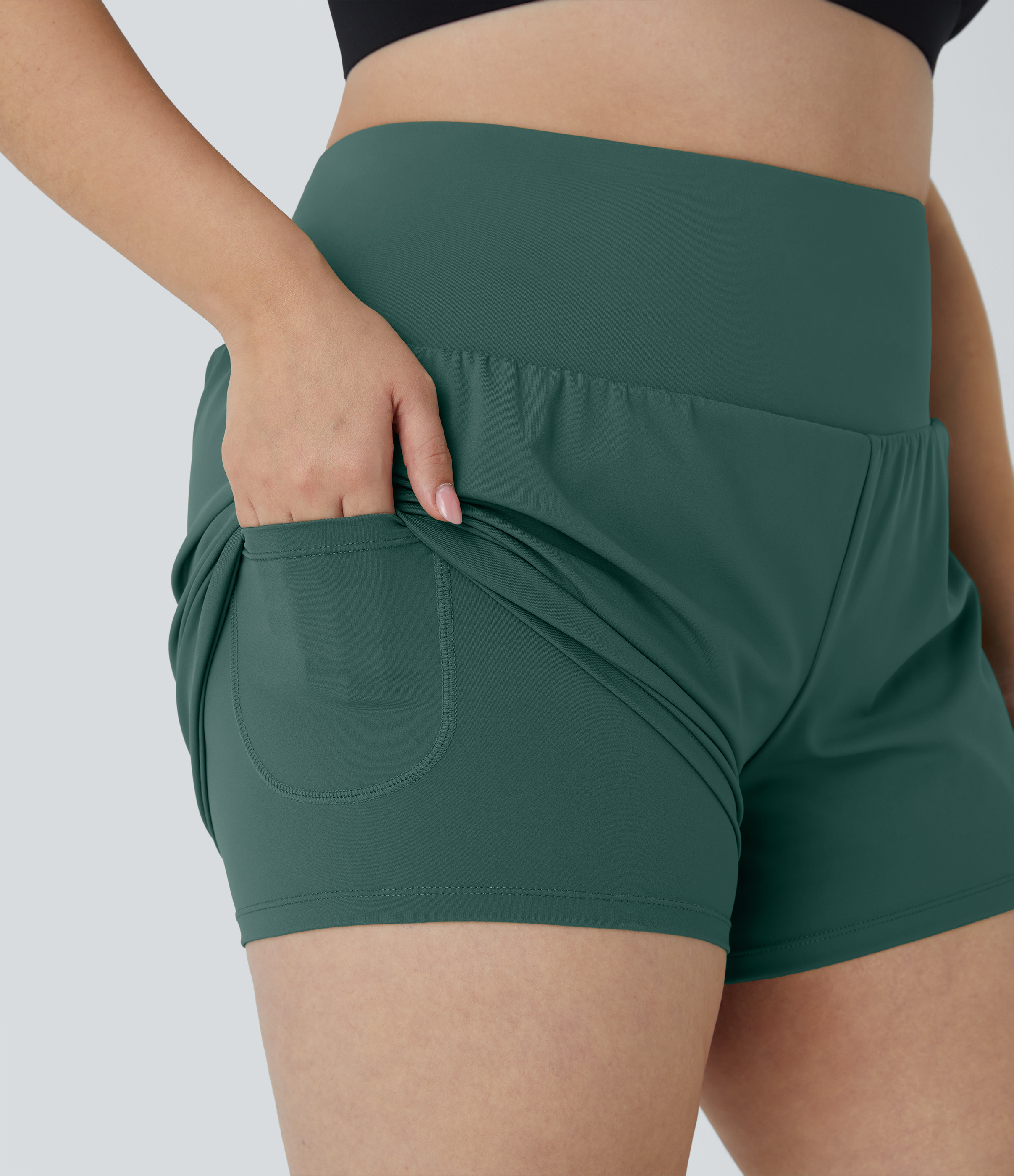 Halara Back Pocket Plus Side Hidden Pocket 2-in-1 Gym Plus Size Shorts 3.5``  - Blue Spruce - 1X 