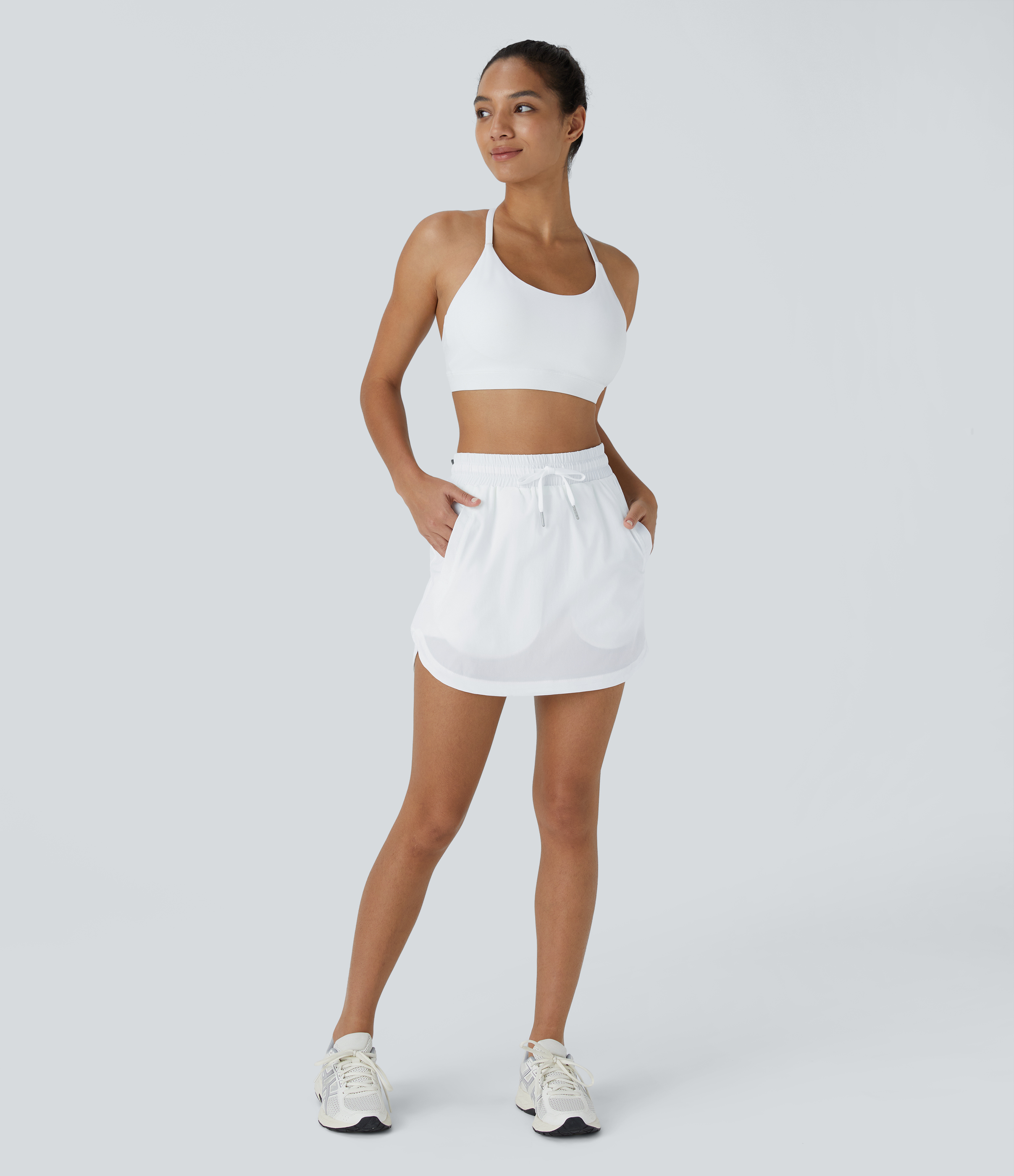 Halara High Waisted Drawstring Side Pocket 2-in-1 Curved Hem Mini Golf Skirt  - White - XL midi skirt a line skirt golfing skirt 
