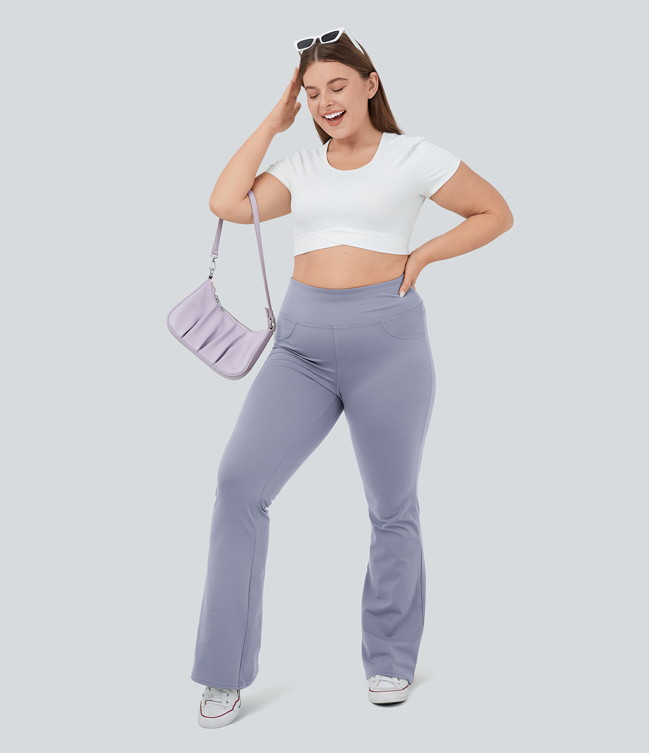 Halara High Waisted Back Pocket Flare Yoga Plus Size Leggings  - Icelandic Blue - 1X(regular) 
