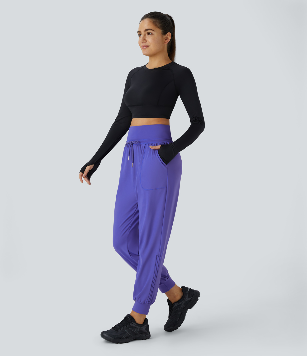 Halara High Waisted Drawstring Plicated Side Pocket Ankle Length Tapered Casual Joggers  - Misty Lavender - M(petite) 