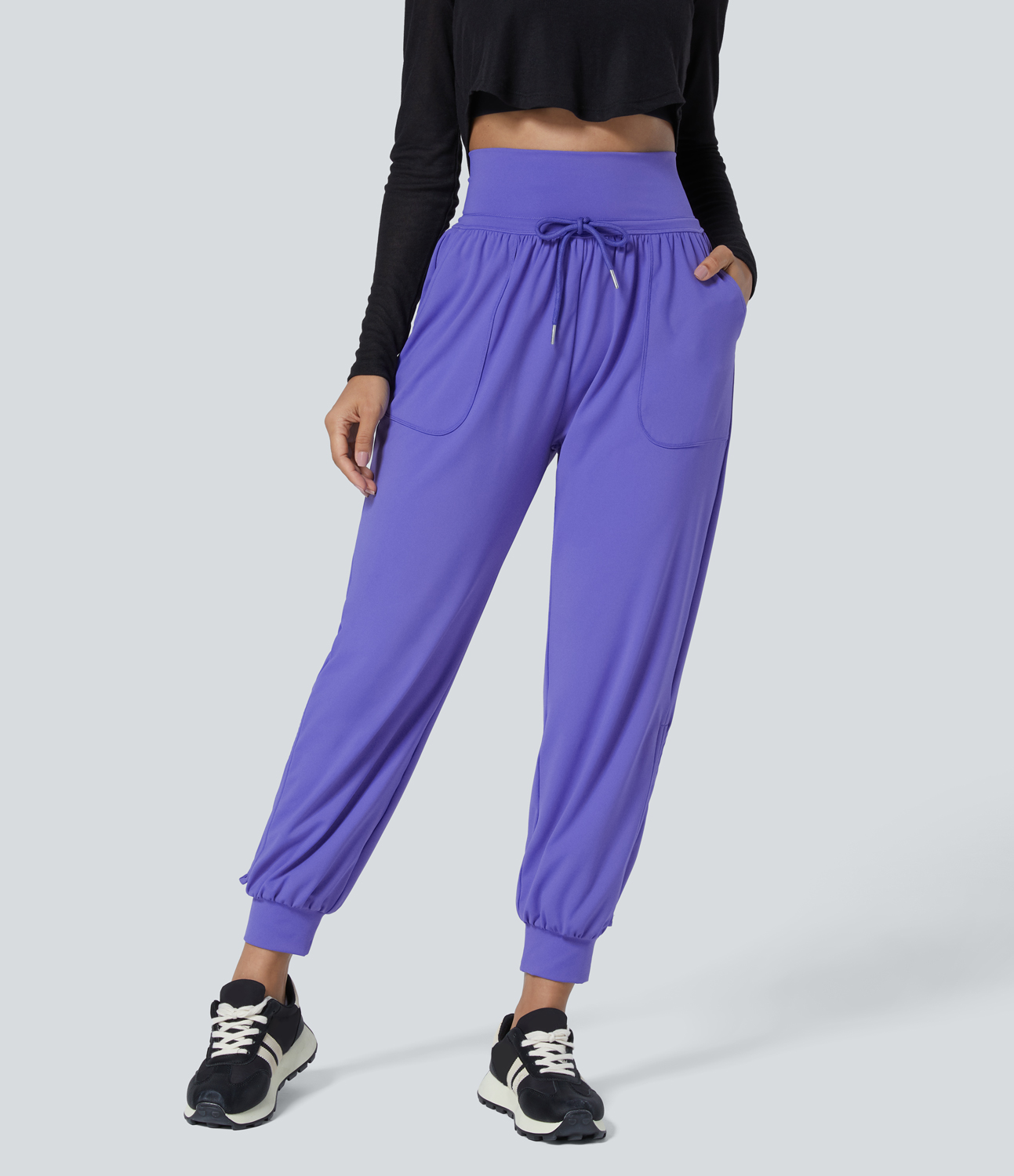 Halara High Waisted Drawstring Plicated Side Pocket Ankle Length Tapered Casual Joggers  - Misty Lavender - M(petite) 
