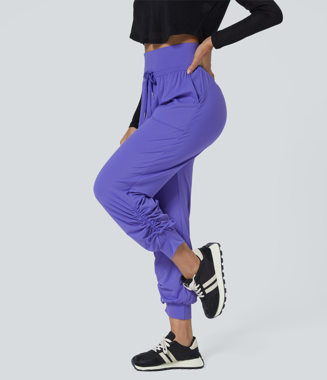 Halara High Waisted Drawstring Plicated Side Pocket Ankle Length Tapered Casual Joggers  - Misty Lavender - M(petite) 