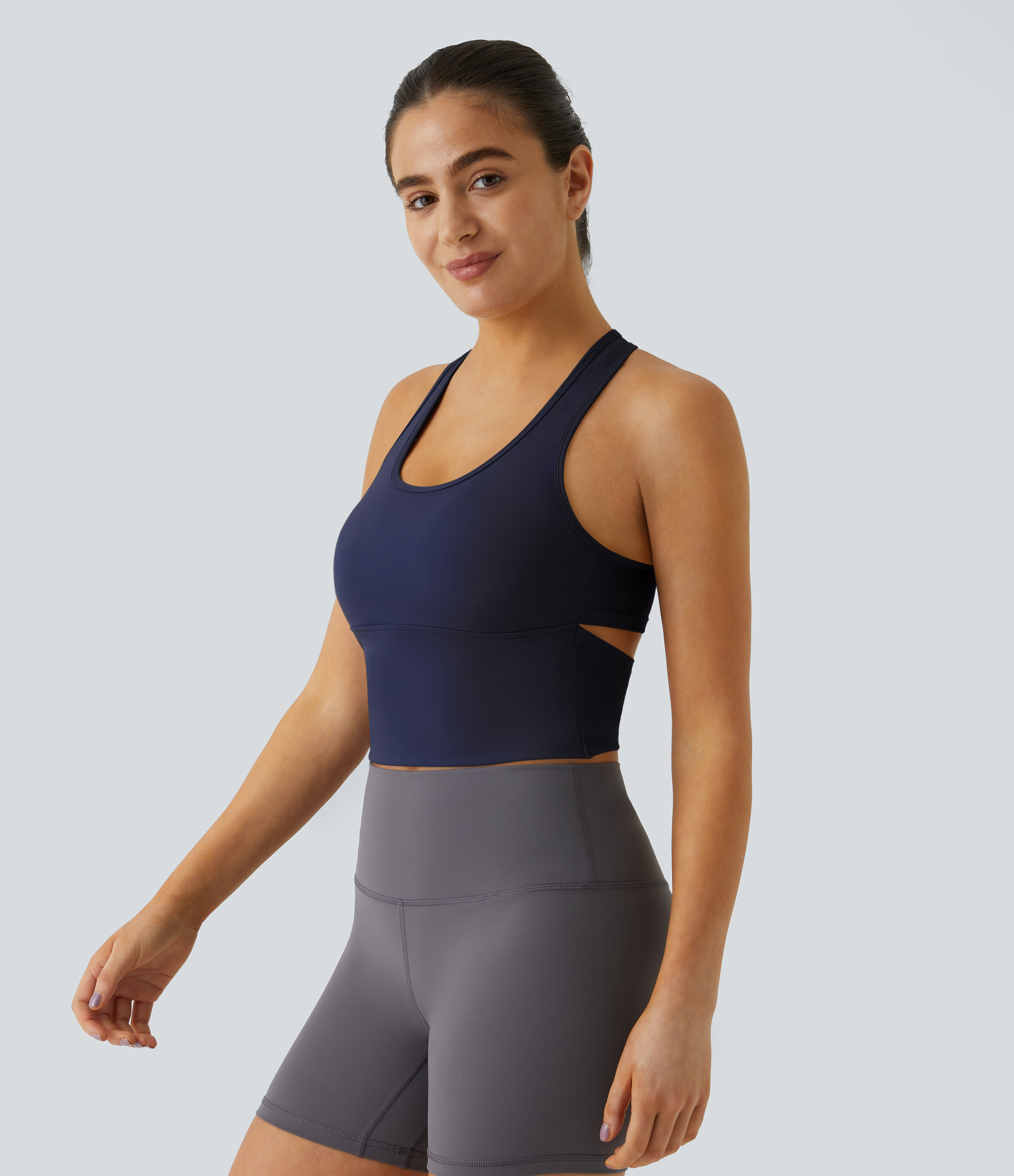 Halara In My Feels Cloudfulв„ў Fabric U Neck Backless Racerback Cut Out Cropped Yoga Tank Top Tank Top - Peacoat - L golf tops halter top 