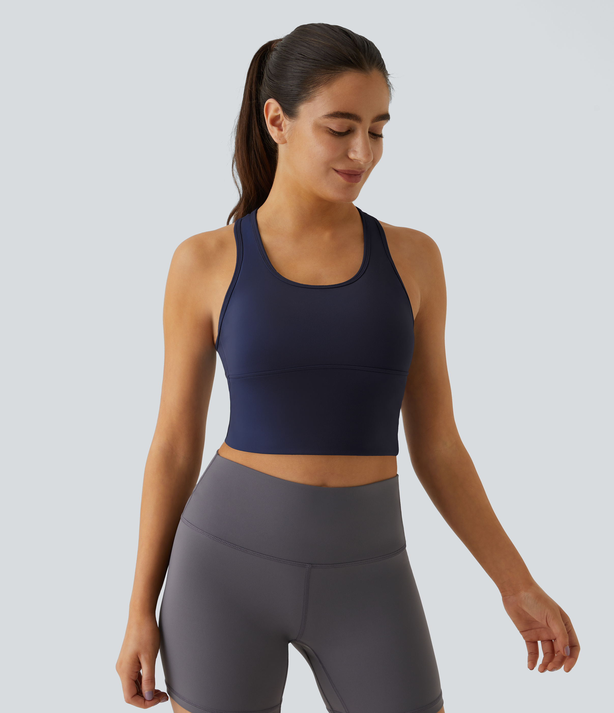 Halara In My Feels Cloudfulв„ў Fabric U Neck Backless Racerback Cut Out Cropped Yoga Tank Top Tank Top - Peacoat - L golf tops halter top 