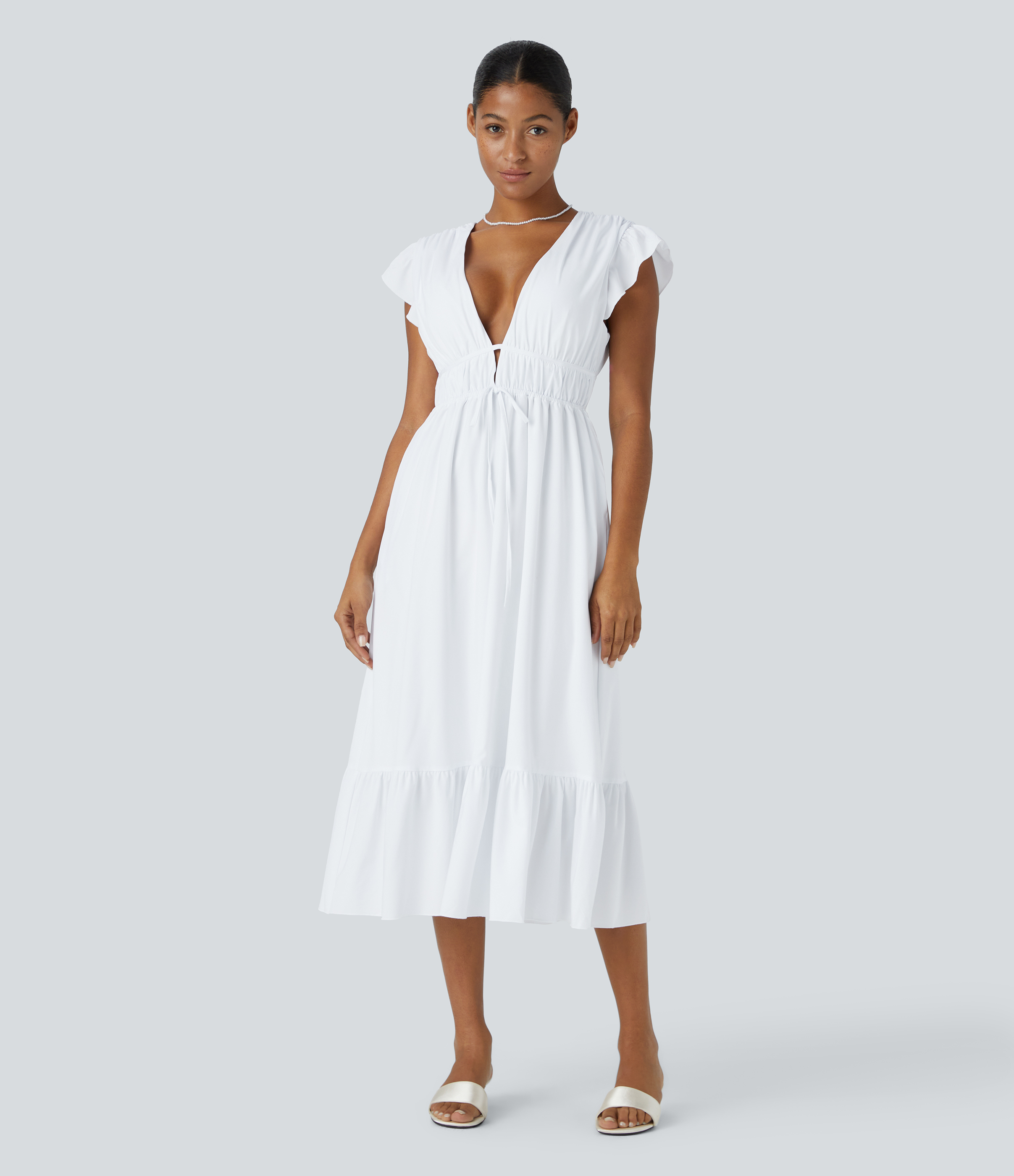 Breezeful™ Deep V-Neck Butterfly Sleeve Backless Knotted Side Pockets Ruffle Hem Midi Length Quick-Drying Bridesmaid/Wedding Guest Dress