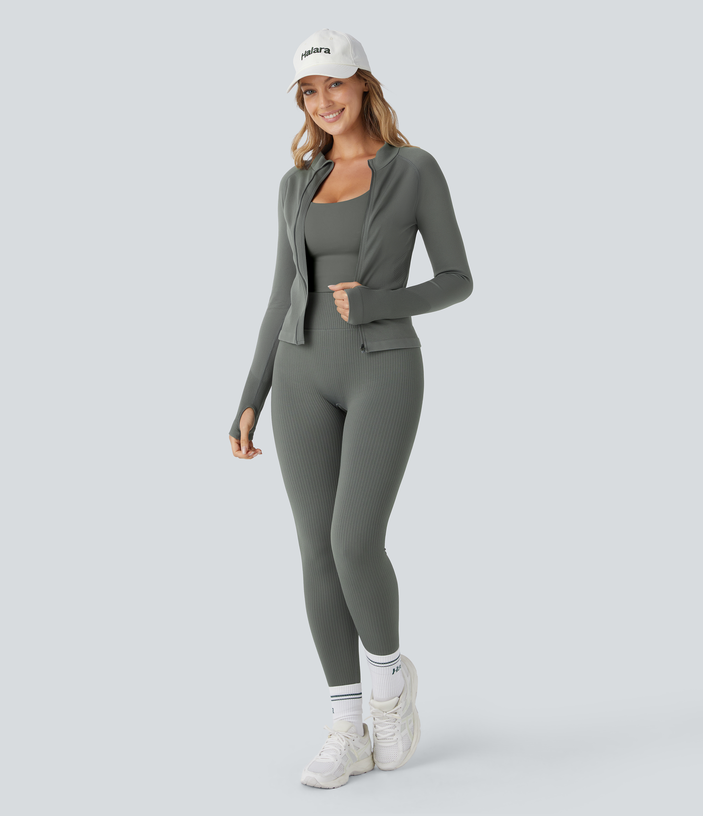 Halara Seamless Flow Stand Collar Raglan Sleeve Thumb Hole Zipper Skinny Yoga Jacket  - Hidden Blue Gray - XS 